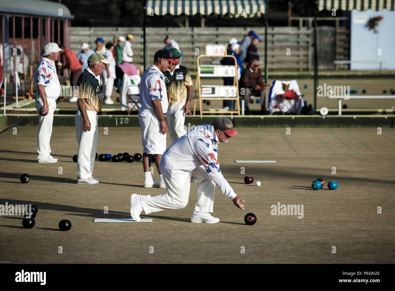 Men playing recreational lawn bowls in New South Wales, Australia Stock Photo