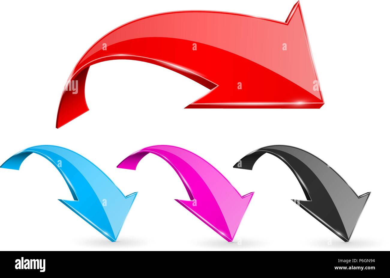 DOWN bent colored arrows. Web 3d shiny icons Stock Vector