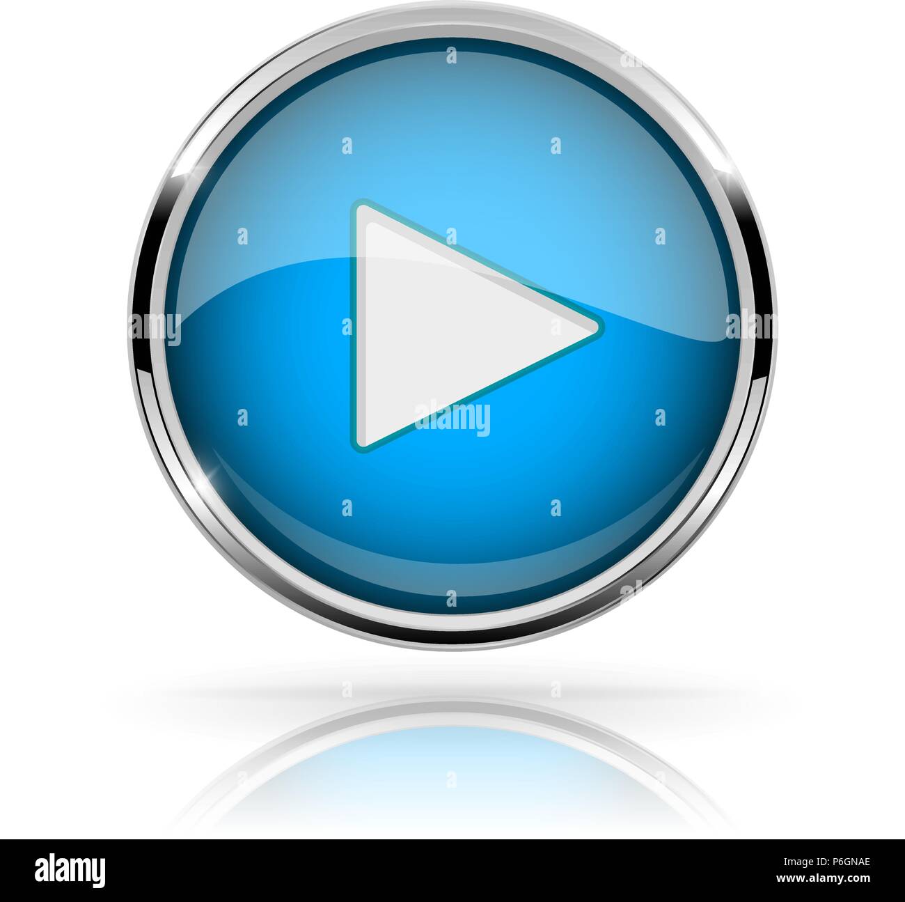 Blue round media button. PLAY button. Shiny icon with chrome frame and with reflection Stock Vector
