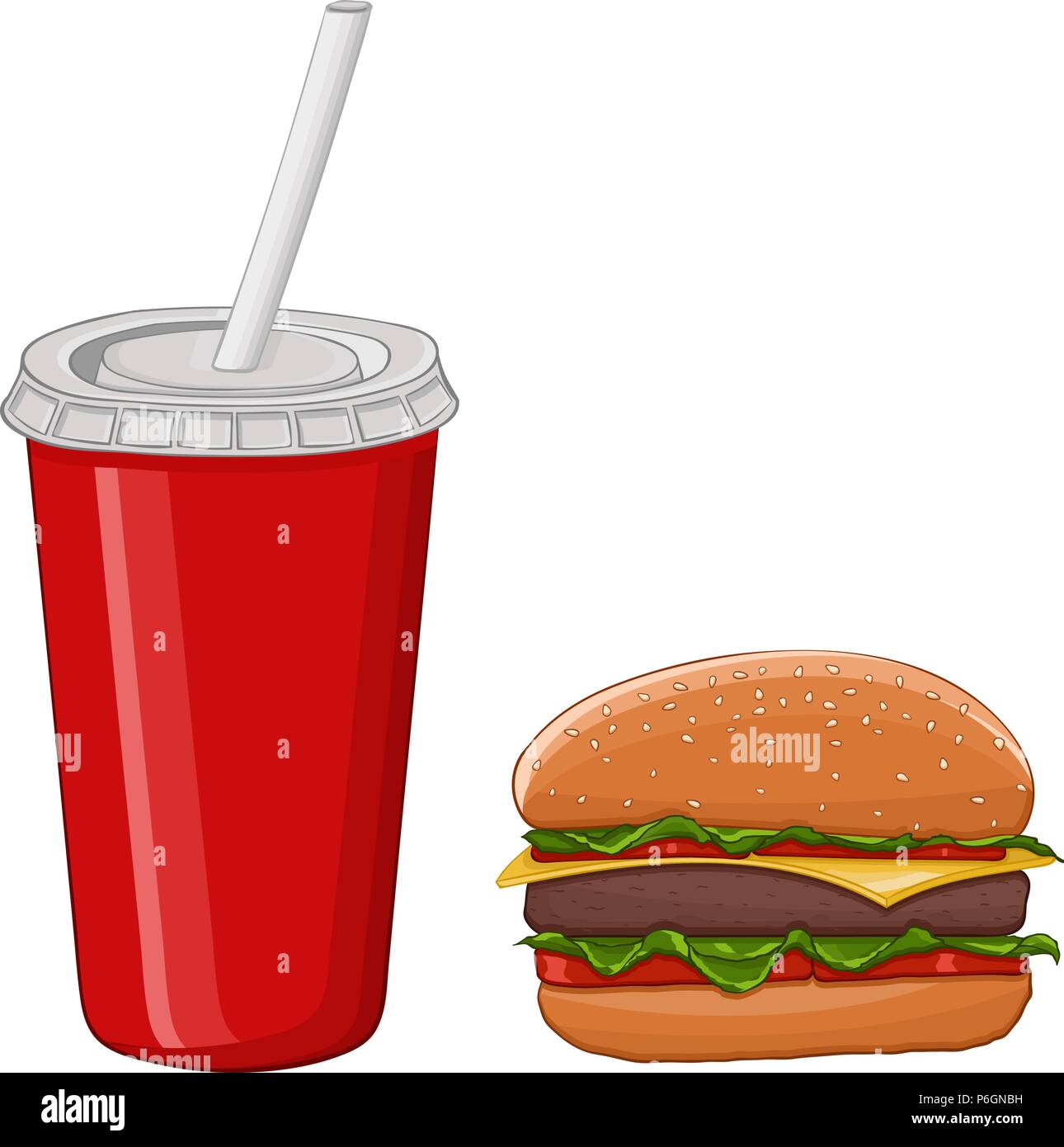 Hamburger and a drink in a red disposable cup Stock Vector
