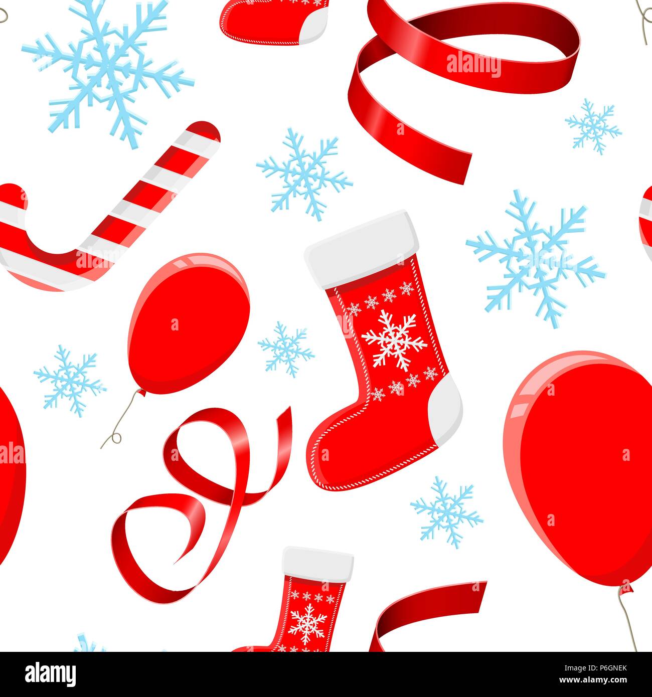 Christmas decorations. Red 3d elements and blue snowflakes. Seamless pattern Stock Vector