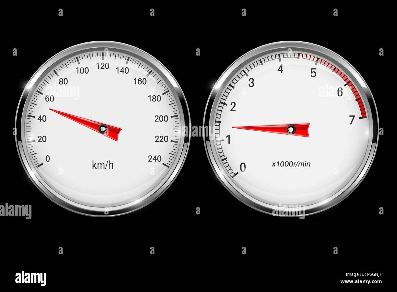 Speedometer and tachometer. Round gage with metal frame on black background Stock Vector Image