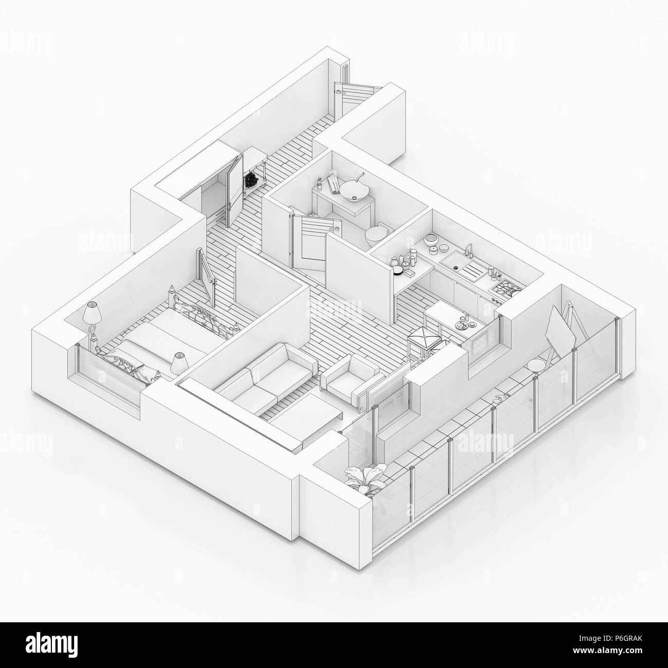 Line drawing floor plan on a white background, Mock up of furnished home apartment Stock Photo