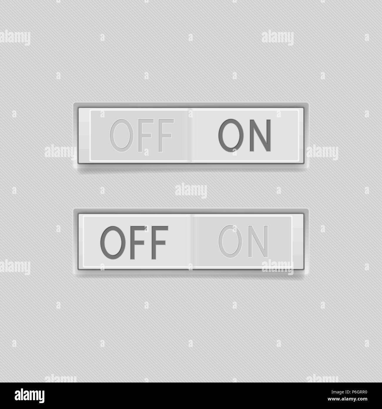 Toggle switch buttons. On and Off 3d rectangle gray push icons Stock