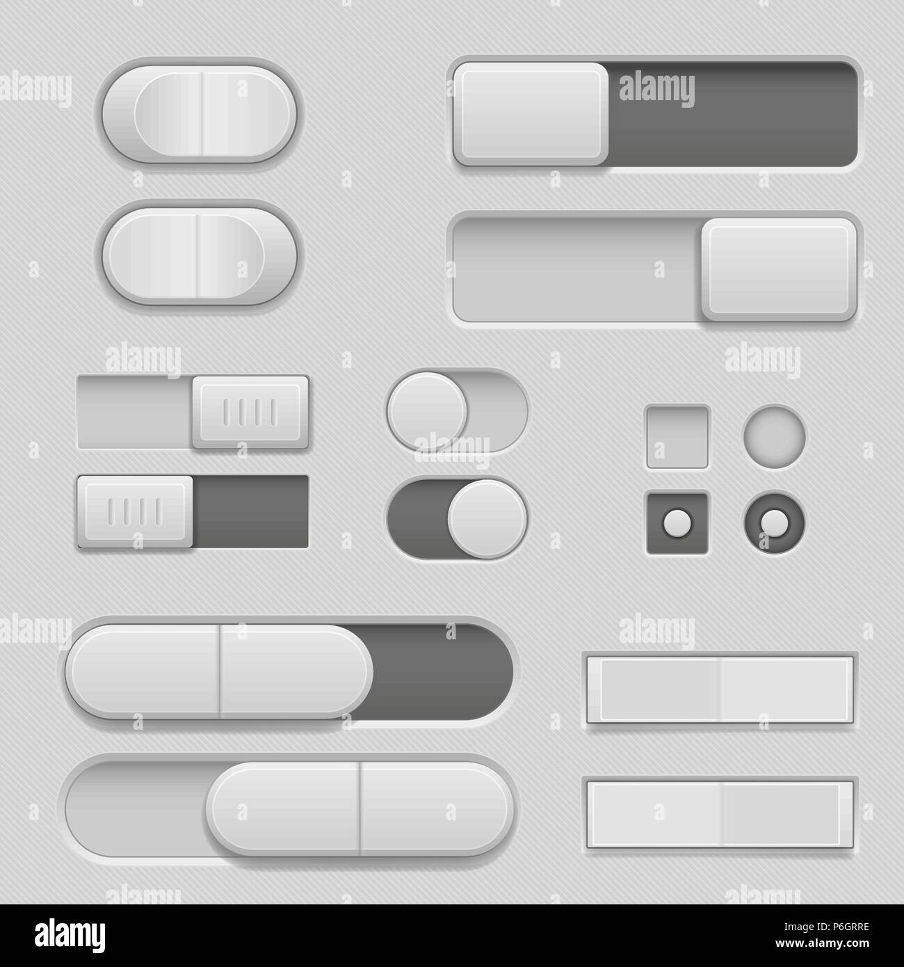 Gray interface buttons and sliders. 3d set of UI icons Stock Vector