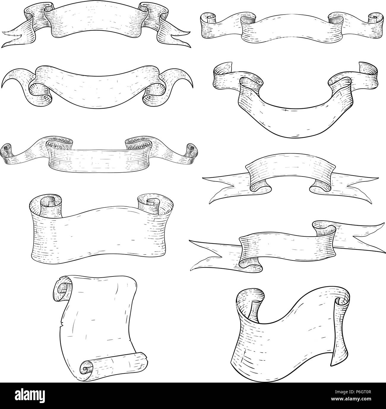 Paper scrolls and ribbon banners. Hand drawn sketch Stock Vector Image