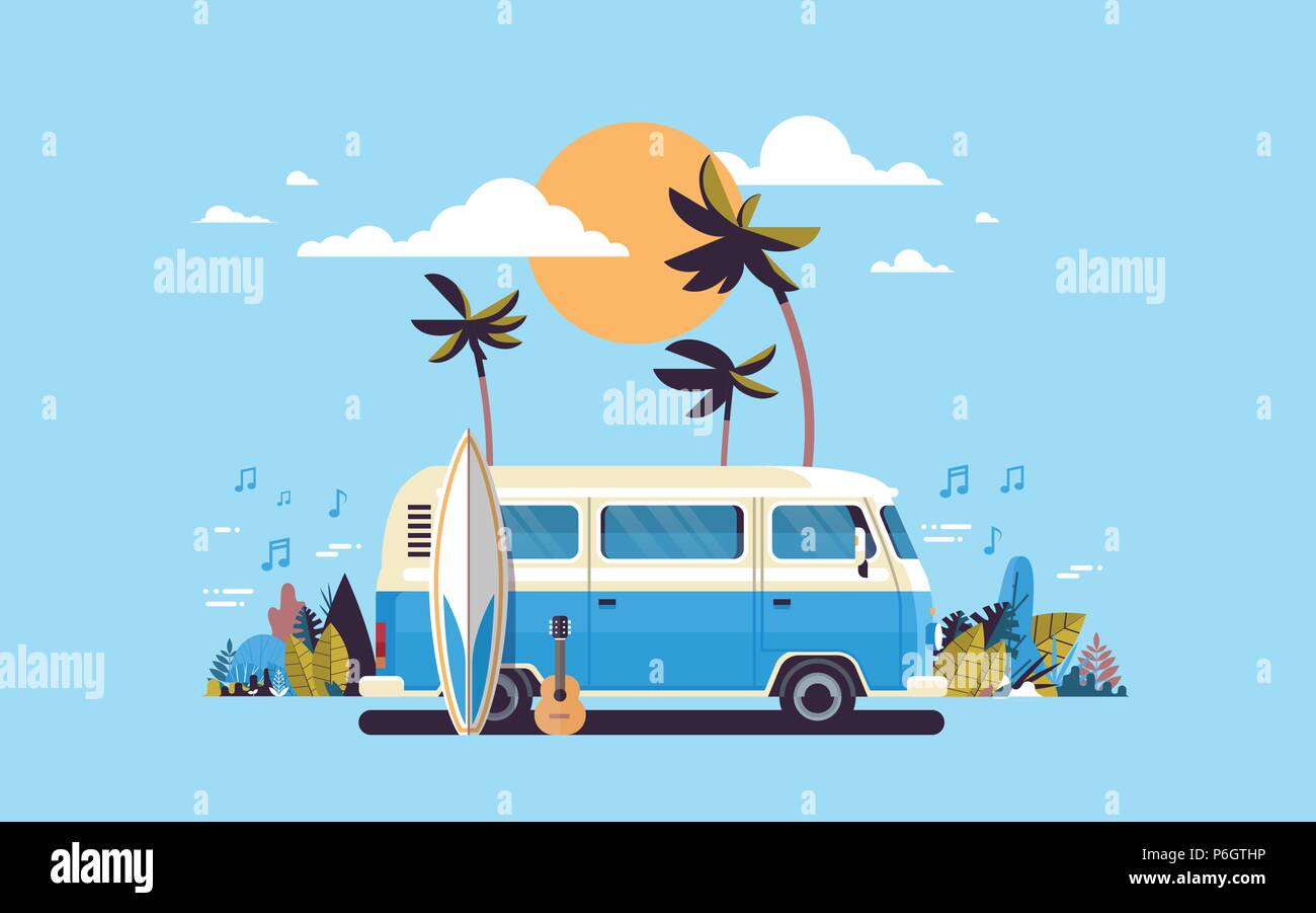 Summer vacation surf bus sunset tropical beach retro surfing vintage ...