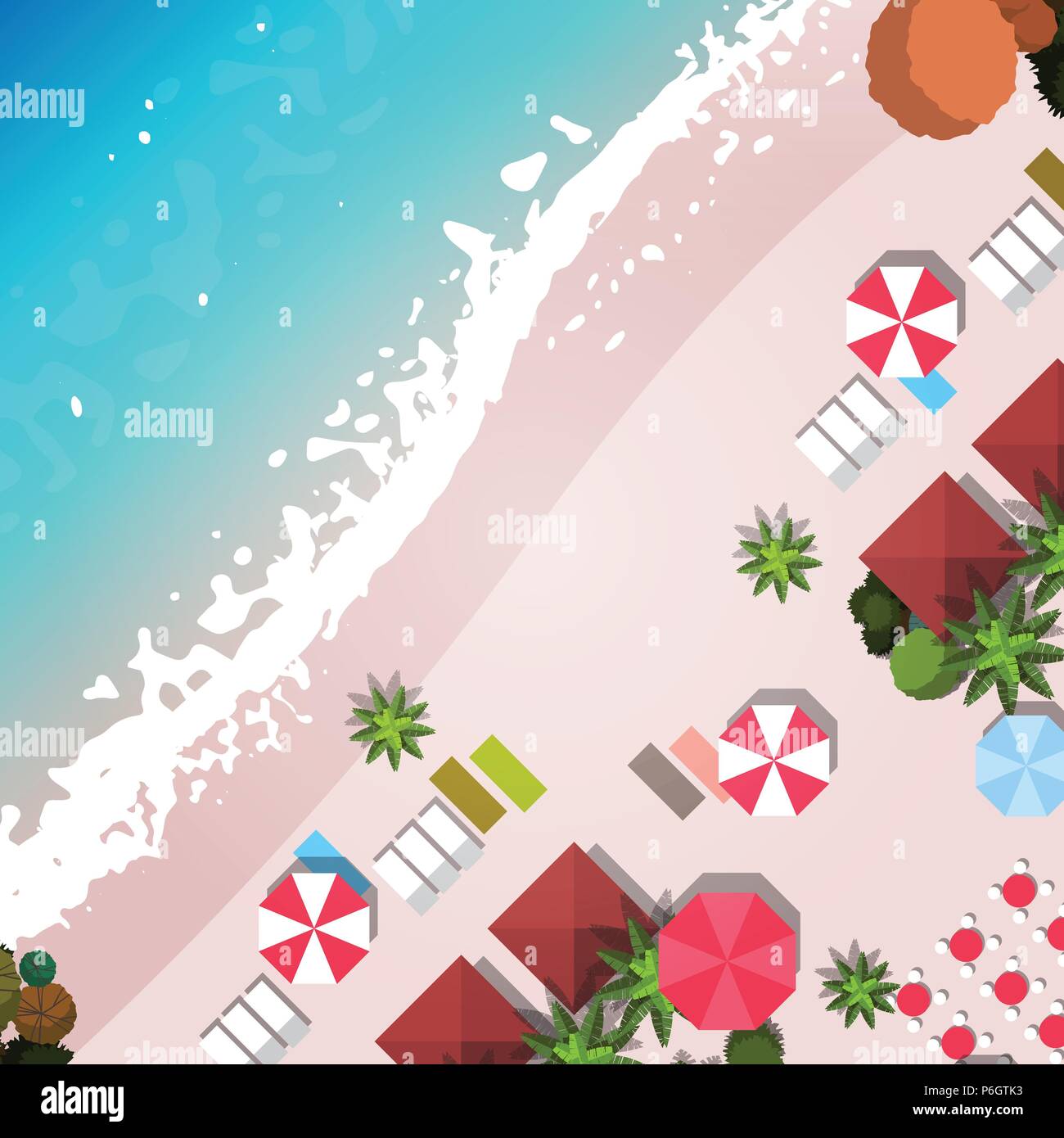 summer beach vacation top angle view sand colorful umbrella tropical beach holiday flat Stock Vector