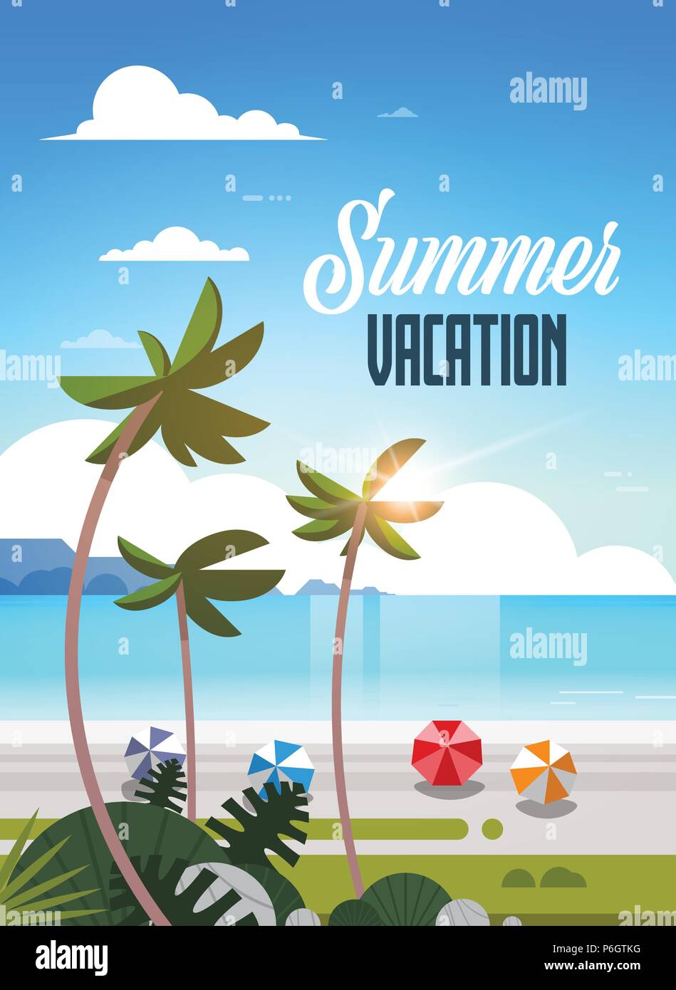 sunrise tropical palm beach balls view summer vacation seaside sea ocean flat vertical lettering Stock Vector
