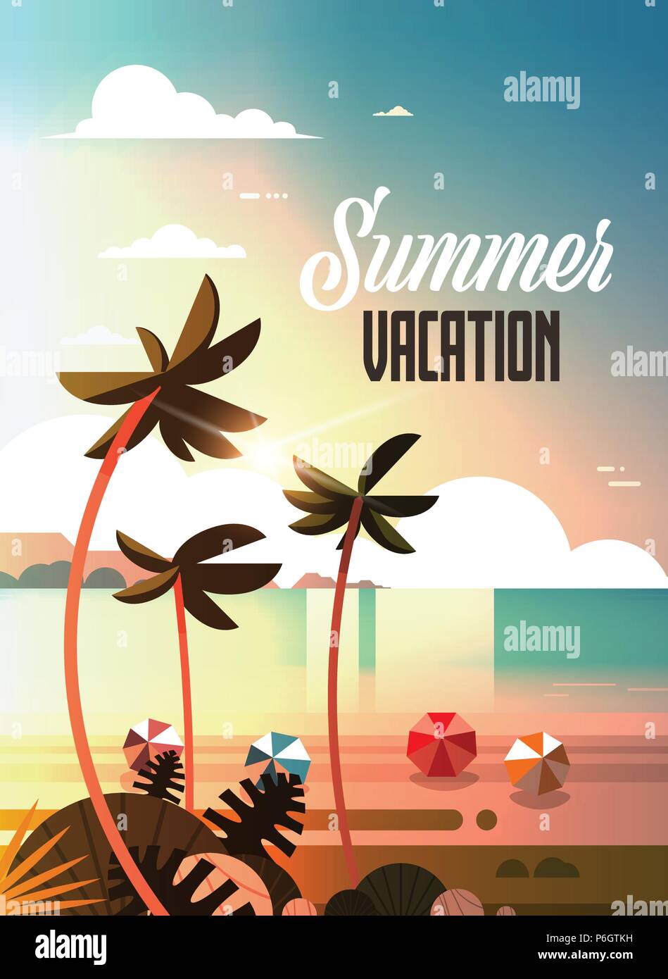 sunset tropical palm beach balls view summer vacation seaside sea ocean flat vertical lettering Stock Vector