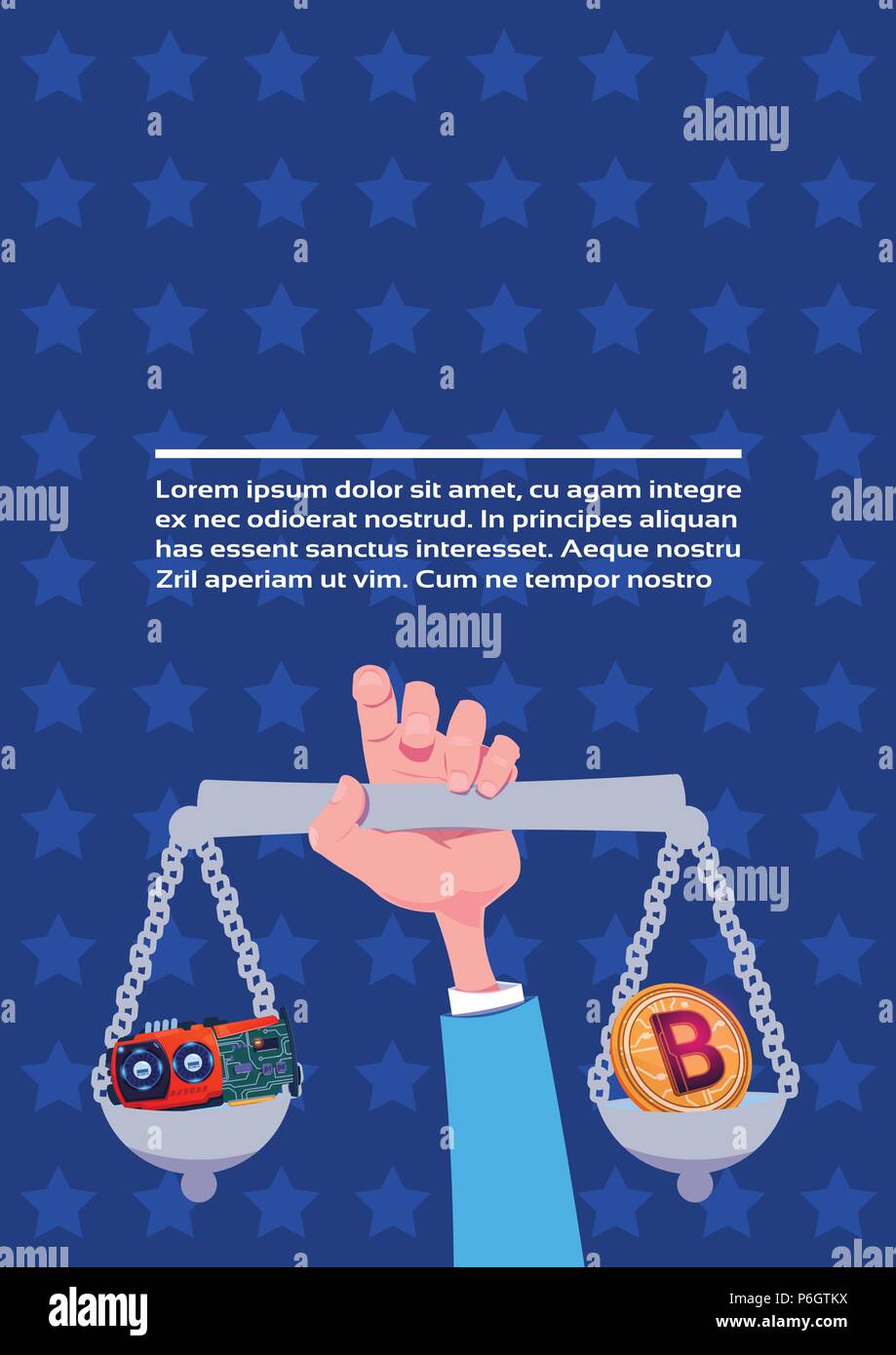 human hand holding scales balance difficult choice between bitcoin video  card mining concept flat copy space Stock Vector Image & Art - Alamy