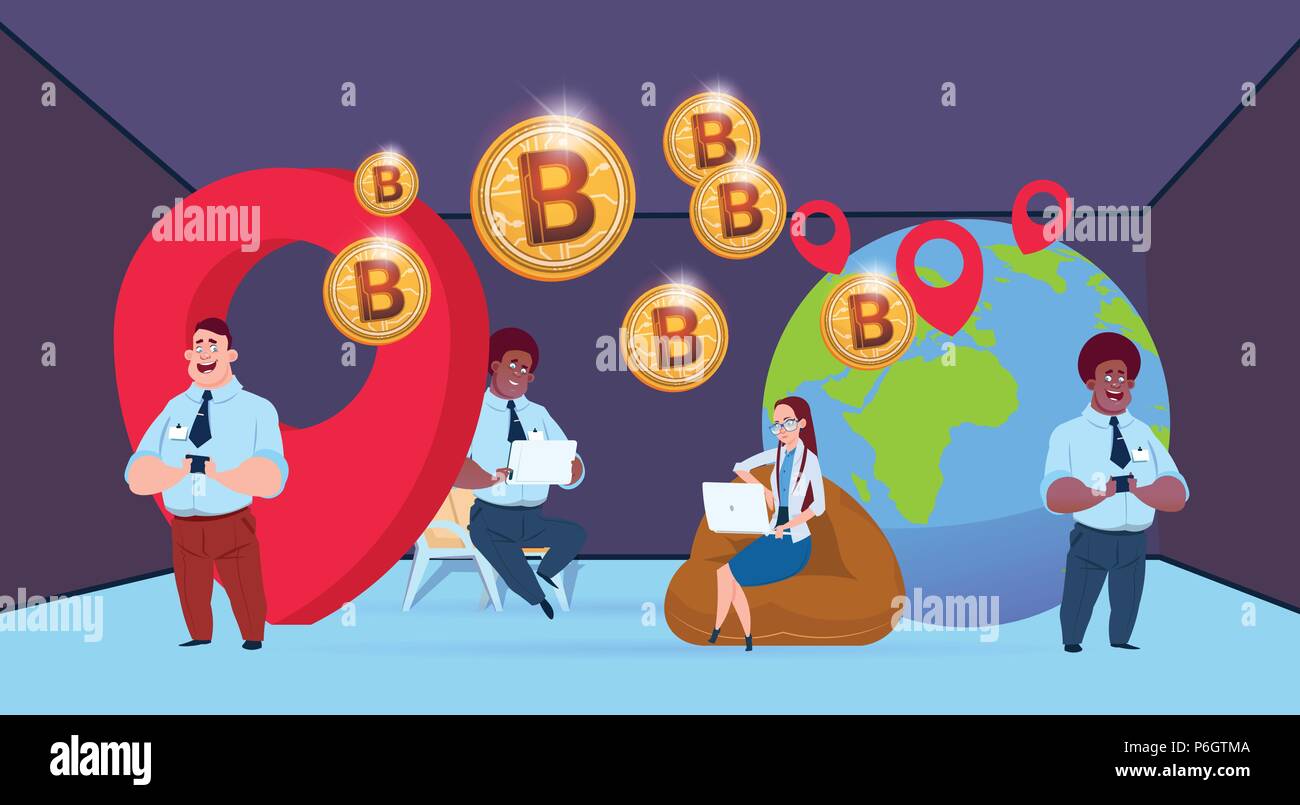 business people bitcoin mining globe with geolocation mix race businessman working together crypto currency flat Stock Vector