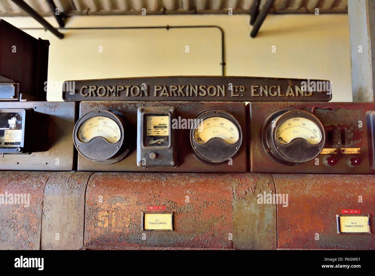 Transformer control room,Geevor tin mine museum,Pendeen,West Penwith,Cornwall,England,UK Stock Photo