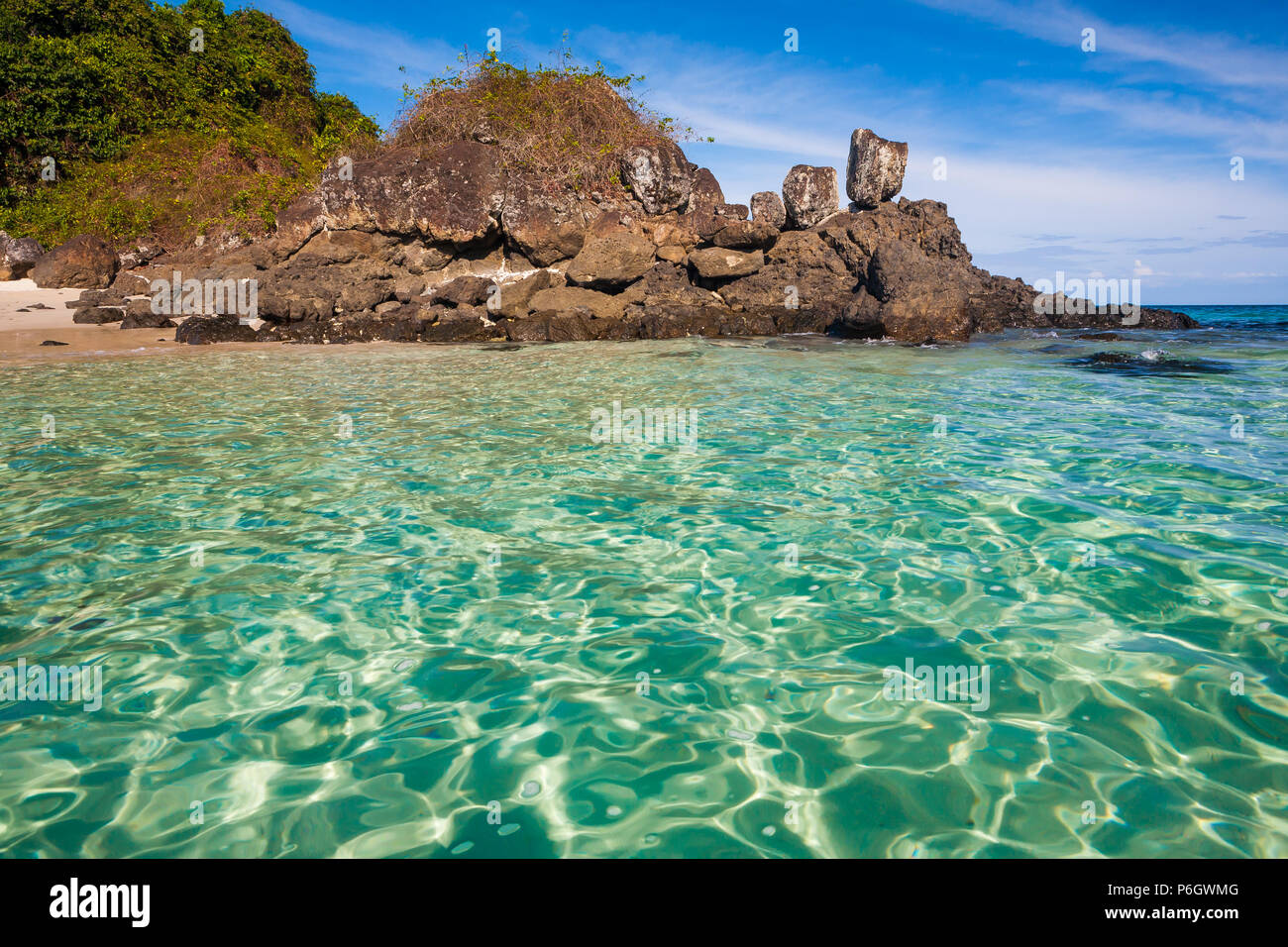 Panama landscape with beautiful transparent water and rocks at Granito de Oro in Coiba island national park, Pacific coast, Republic of Panama. Stock Photo