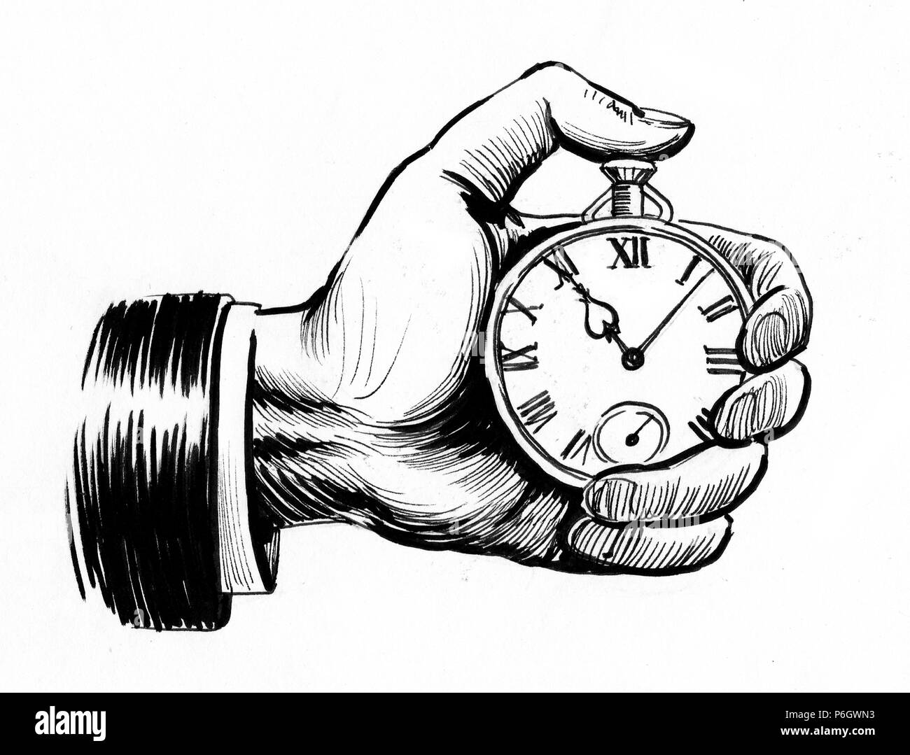 Hand holding a chronometer watch. Ink black and white illustration Stock Photo