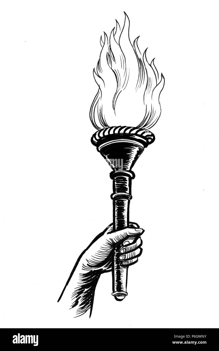 Hand holding a fire torch. Ink black and white illustration Stock Photo -  Alamy