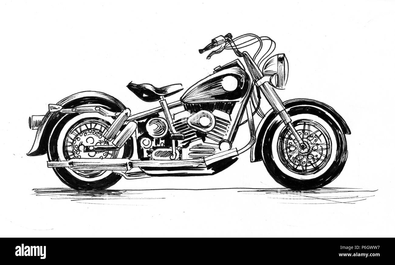 Vintage American motorcycle. Ink black and white illustration Stock
