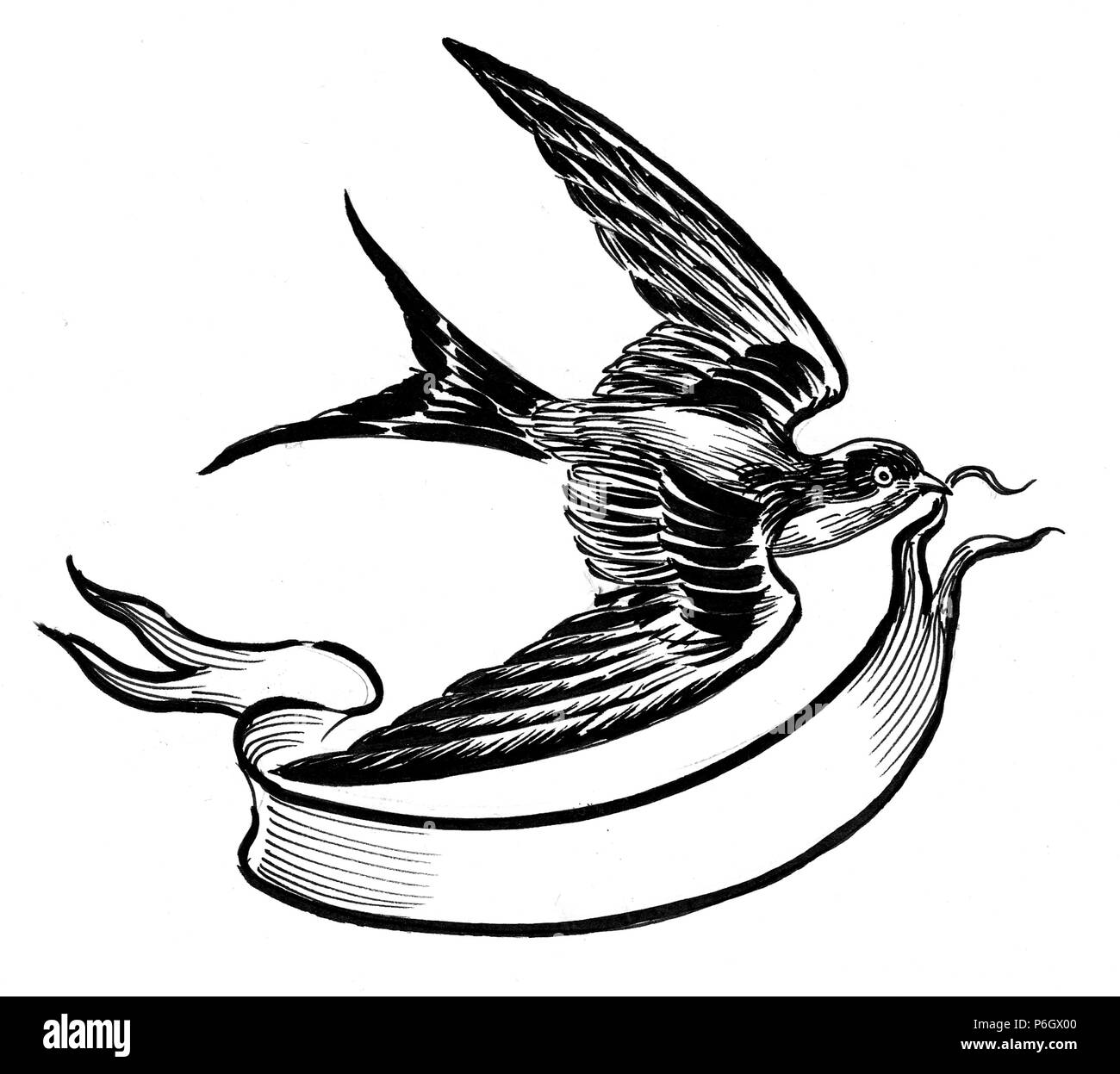 Swallow Bird And Blank Banner Ink Black And White Illustration