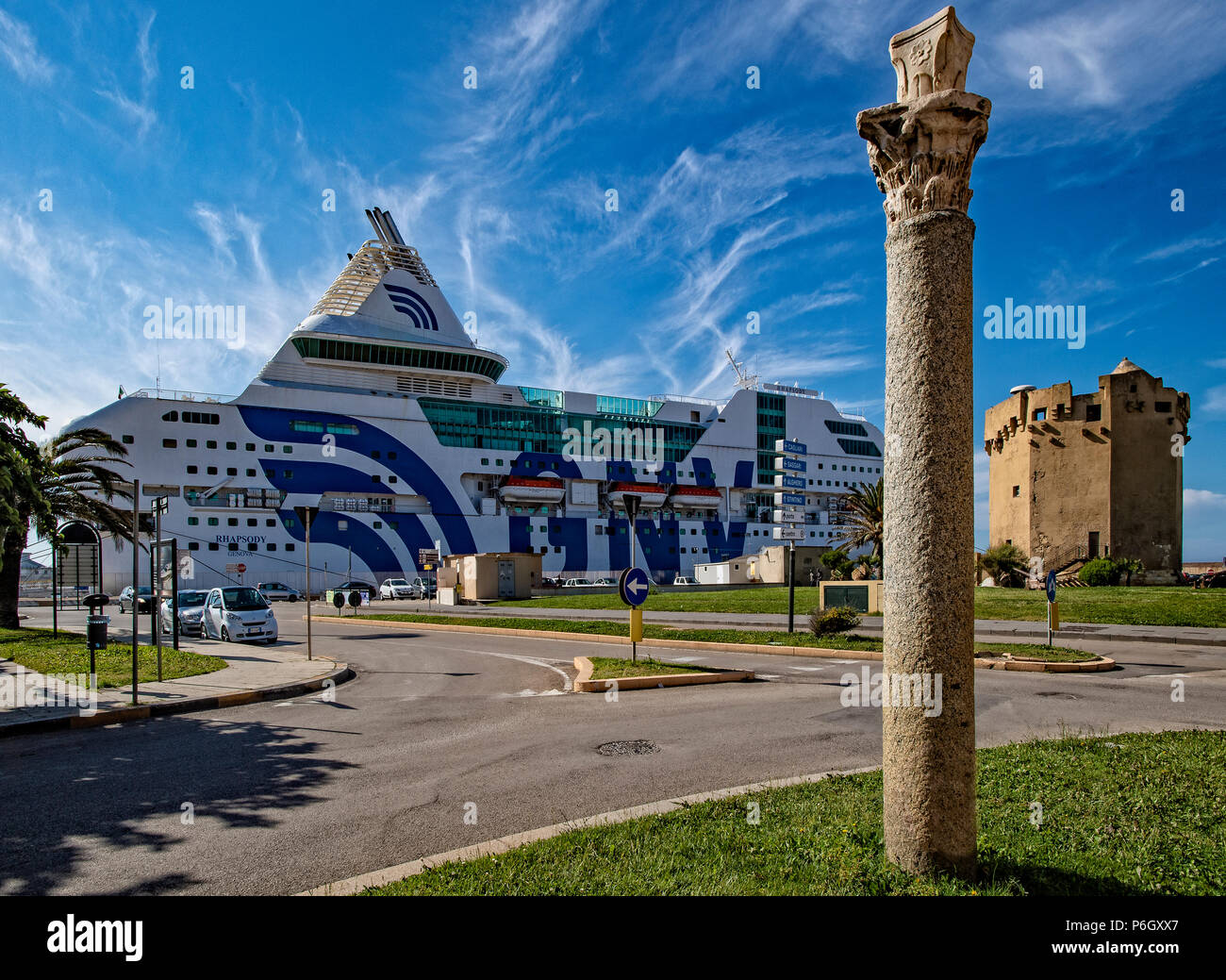 Italy Sardinia Porto Torres - the aragonese tower, port and ship Stock  Photo - Alamy