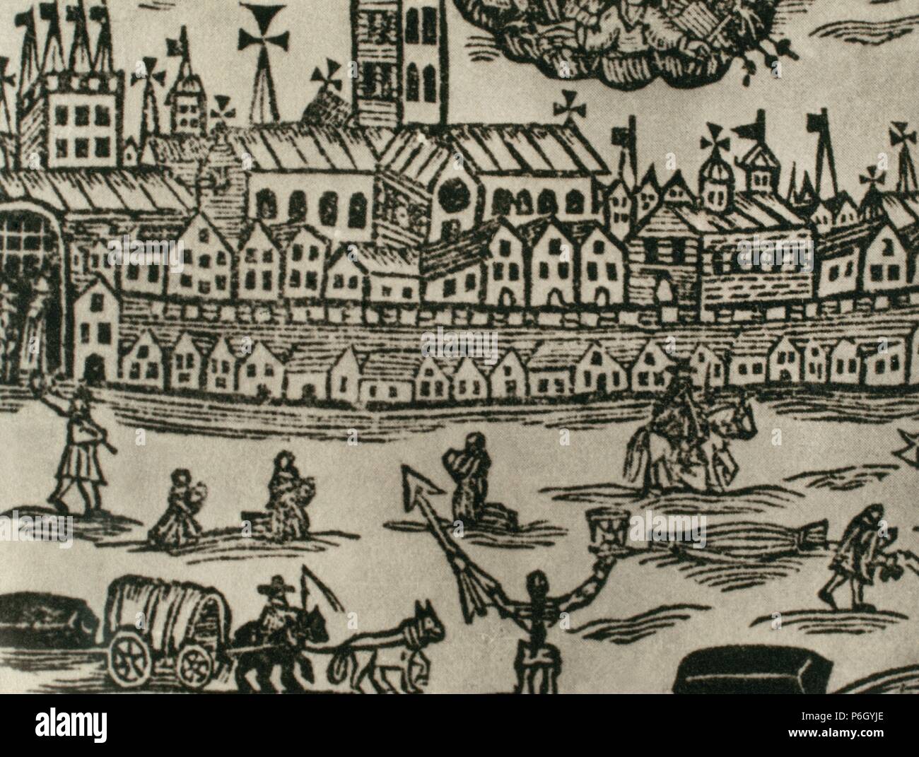 1665-1666. Contemporary engraving. People fleeing the city, corpse being taken away and women praying. Great Britain.