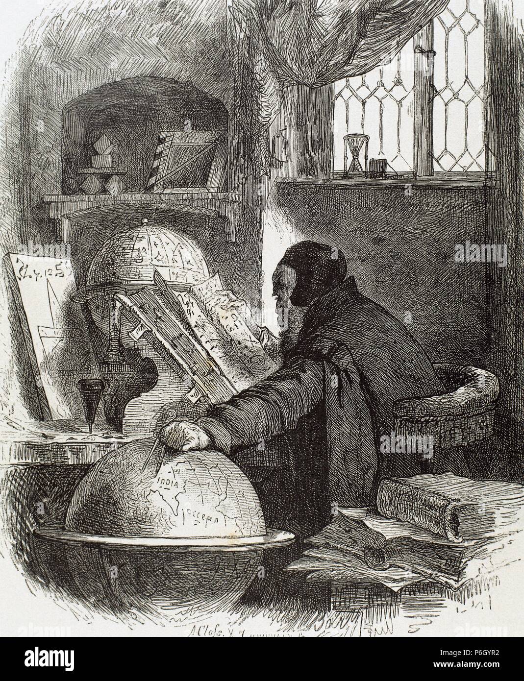 Astronomer. Modern Age.15th century. Engraving, 19th century. Stock Photo
