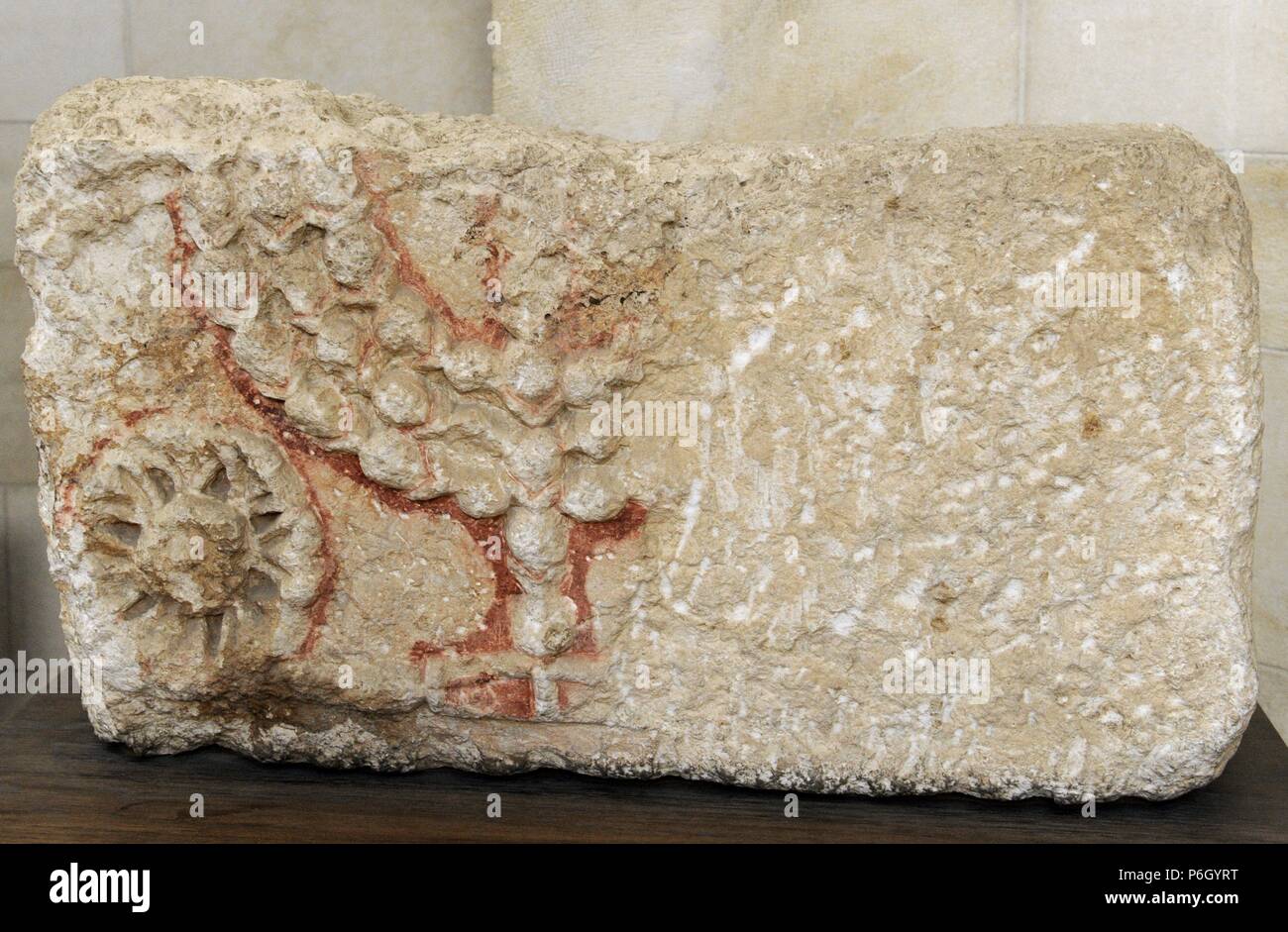 Stone lintels decorated with the Seven-Branched Menorah synagogue at Eshtemoa. Southern Hebron hill region. 3rd-4th century CE. Rockefeller Archaeological Museum. Jerusalem. Israel. Stock Photo