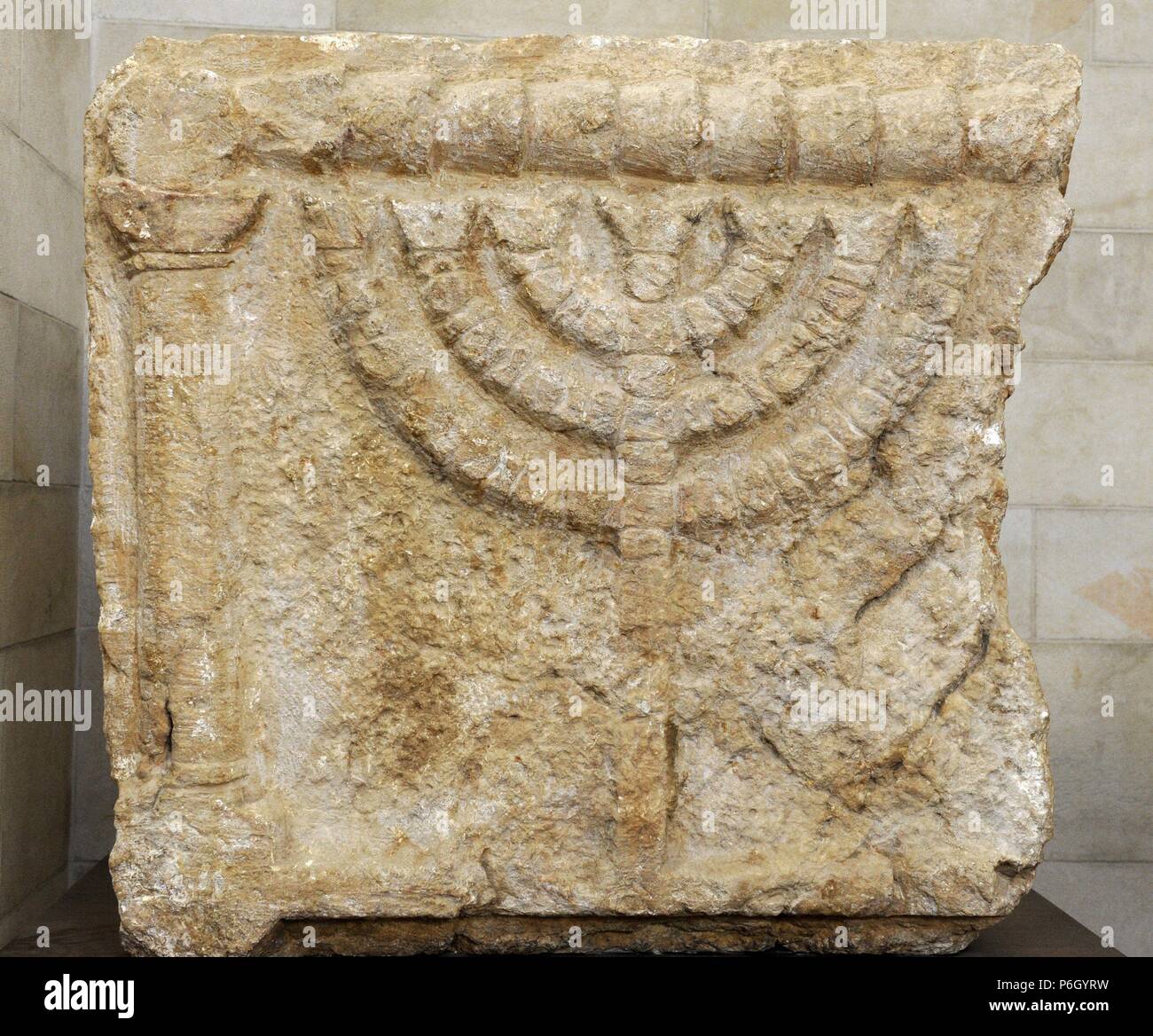 Stone lintels decorated with the Seven-Branched Menorah synagogue at Eshtemoa. Southern Hebron hill region. 3rd-4th century CE. Rockefeller Archaeological Museum. Jerusalem. Israel. Stock Photo