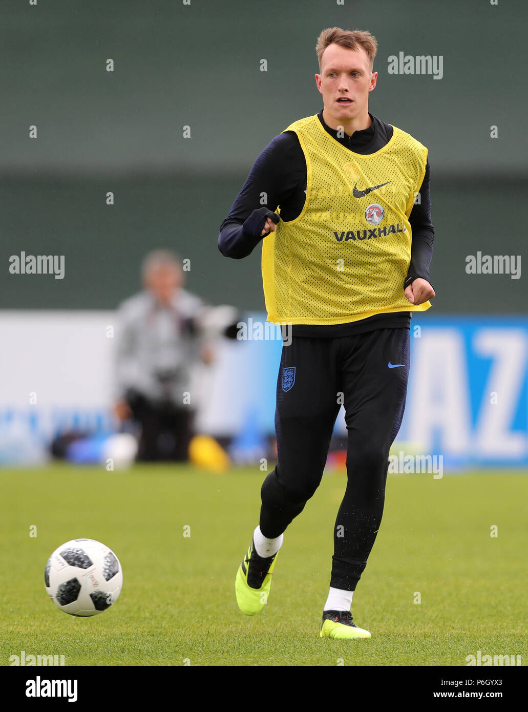England's Phil Jones during the training session at Spartak Zelenogorsk Stadium. Stock Photo