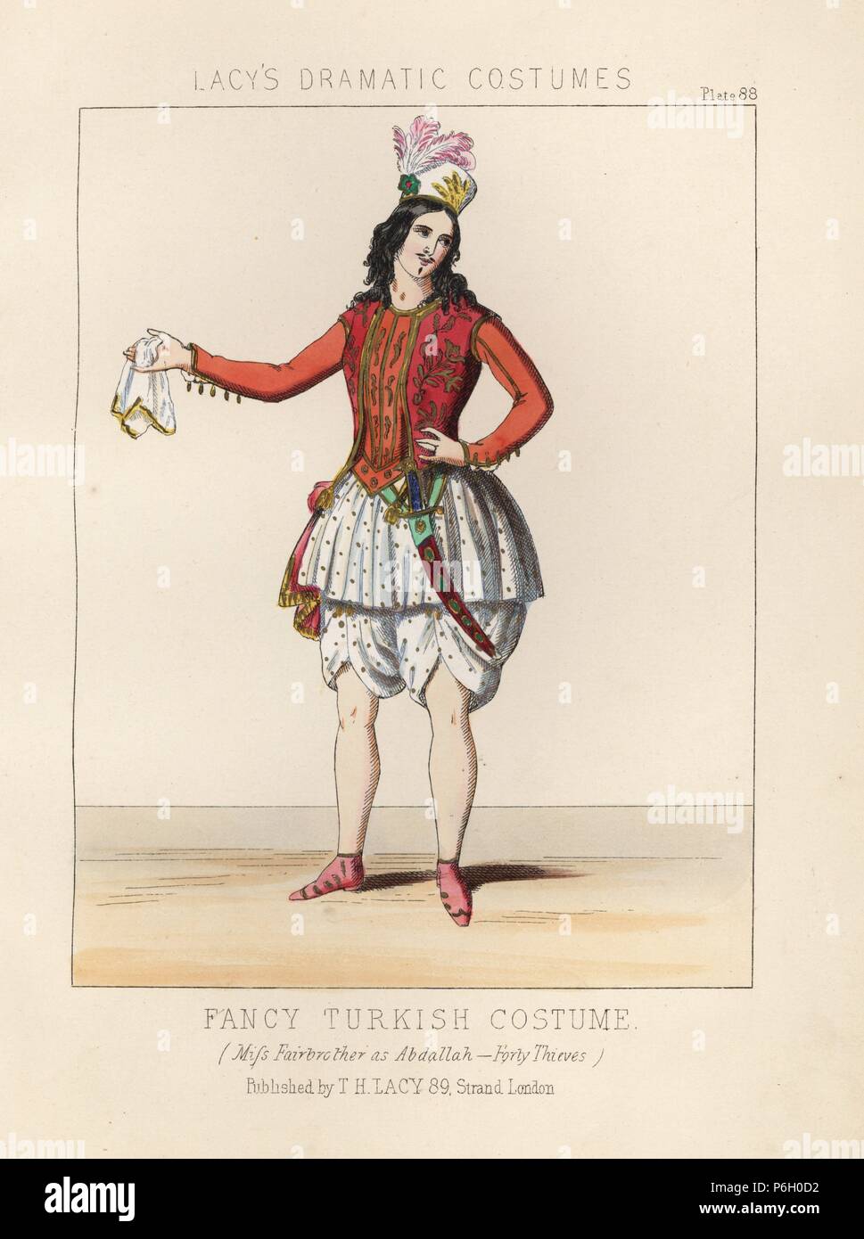 Sarah Louisa Fairbrother in fancy Turkish costume as Abdallah in 'Abdallah and 40 Thieves,' 1844. Actress and dancer Fairbrother (1816-1890) was the mistress of Prince George. Handcoloured lithograph from Thomas Hailes Lacy's 'Female Costumes Historical, National and Dramatic in 200 Plates,' London, 1865. Lacy (1809-1873) was a British actor, playwright, theatrical manager and publisher. Stock Photo