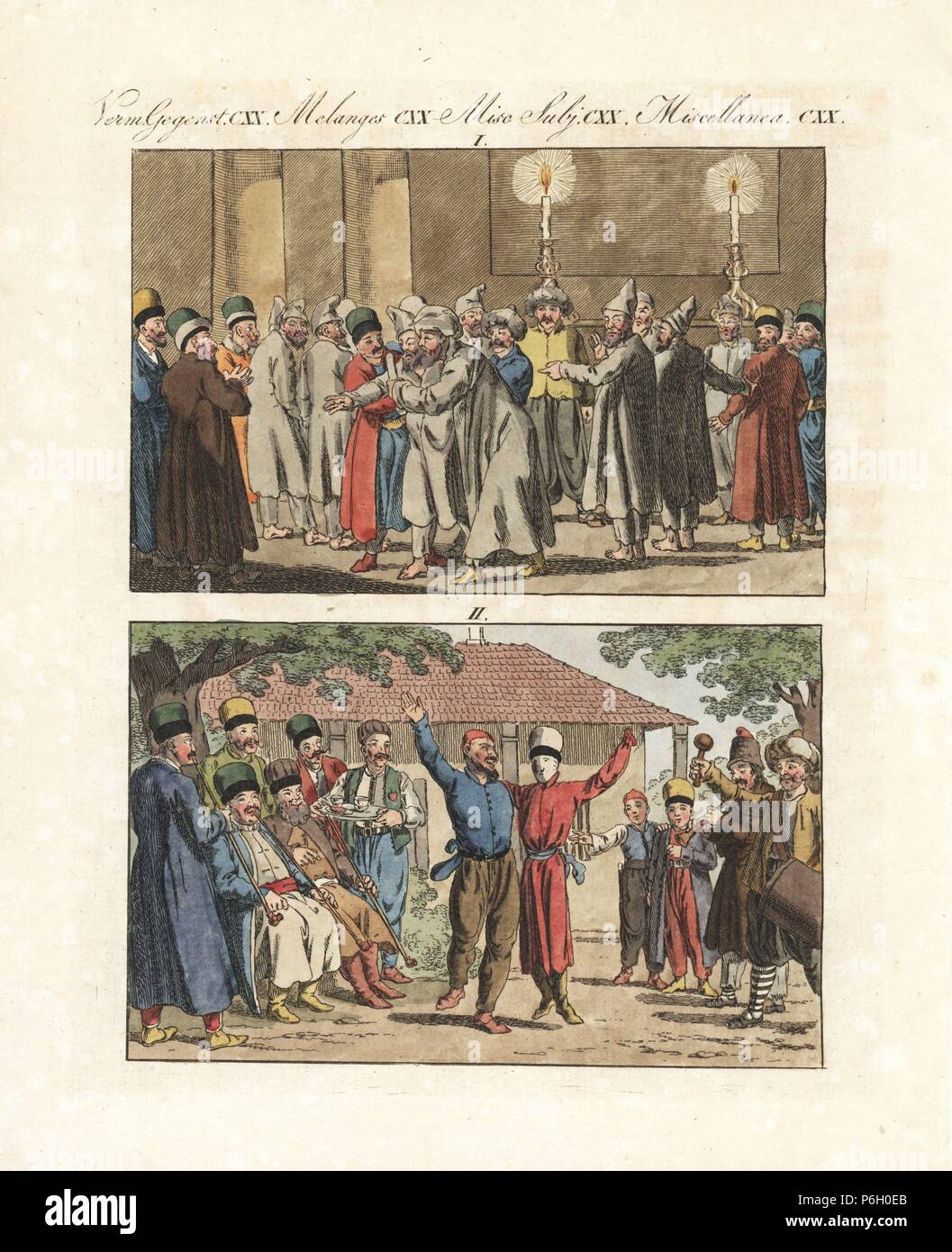 Scenes from the Crimea: Dance of the Dervishes in Bakshi-Saraj mosque in old Taurida 1, and a Jewish batteleur (juggler, street performer) from Constantinople dancing with a puppet to music from drums and pipes in the Crimea 2, 18th century. Handcoloured copperplate engraving from Bertuch's 'Bilderbuch fur Kinder' (Picture Book for Children), Weimar, 1807. Friedrich Johann Bertuch (1747-1822) was a German publisher and man of arts most famous for his 12-volume encyclopedia for children illustrated with 1,200 engraved plates on natural history, science, costume, mythology, etc., published from  Stock Photo