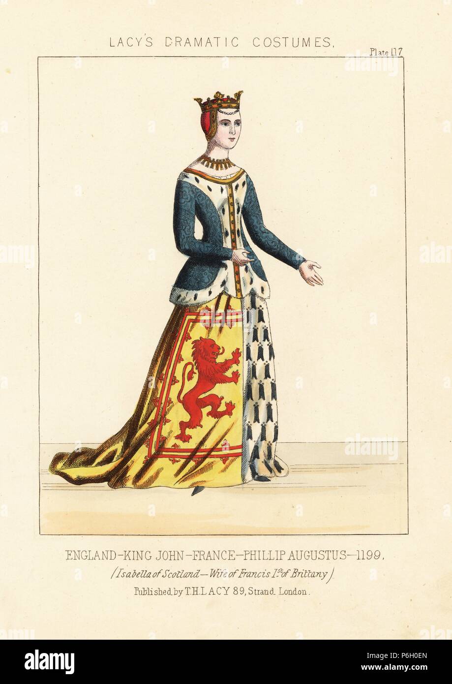 Isabella of Scotland, wife of Francis I of Brittany, 1426-1499. She wears a crown, necklace, short ermine-lined jacket, coat of arms of Brittany (ermine) and Scotland (gold field, red lion rampant). Handcoloured lithograph from Thomas Hailes Lacy's 'Female Costumes Historical, National and Dramatic in 200 Plates,' London, 1865. Lacy (1809-1873) was a British actor, playwright, theatrical manager and publisher. Stock Photo
