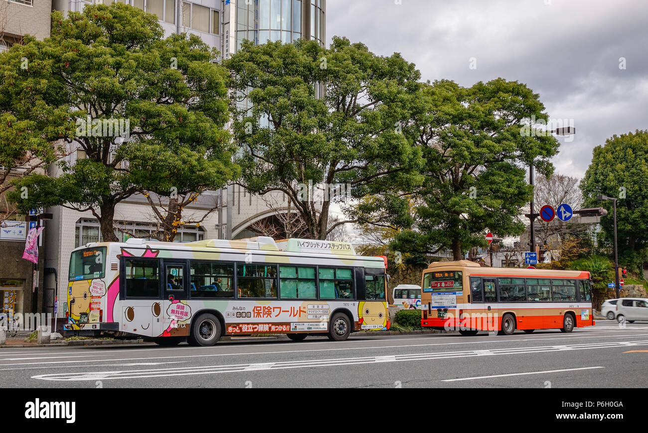 Himeji, Japan Dec 27, 2015. Buses on street in Himeji, Japan. Himeji known for the sprawling