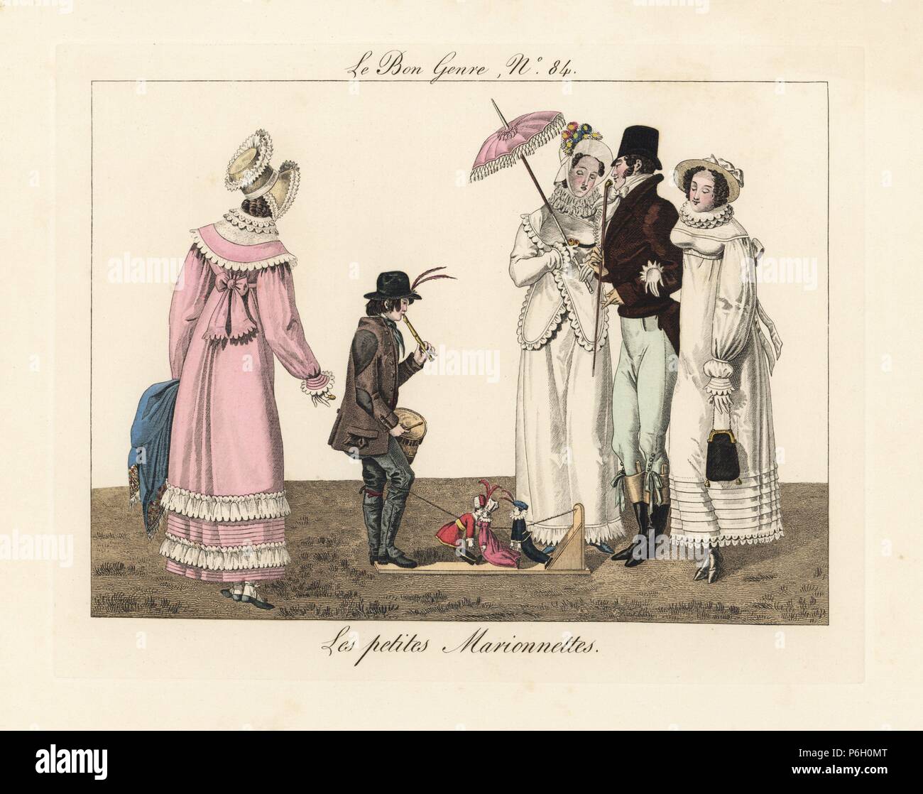 Savoyard boy with fife and drum makes his puppets dance in time to the music by moving his knees. Handcoloured engraving from Pierre de la Mesangere's Le Bon Genre, Paris, 1817. Stock Photo