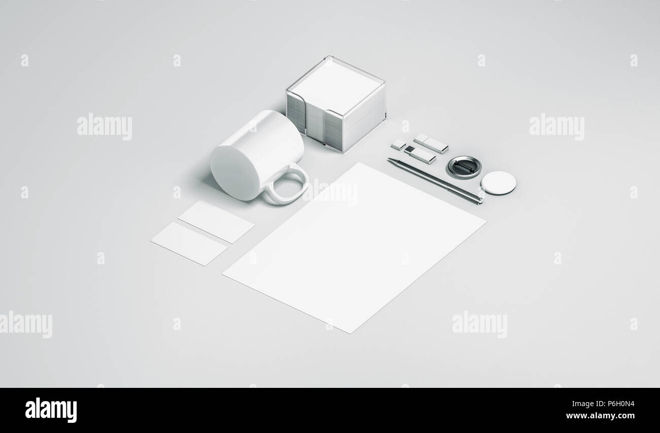 Blank white office stationery set mock up isolated, 3d rendering. Empty corporate branding identity mockups presentation. Clear space work supplies template for logo design, isometric view elements. Stock Photo