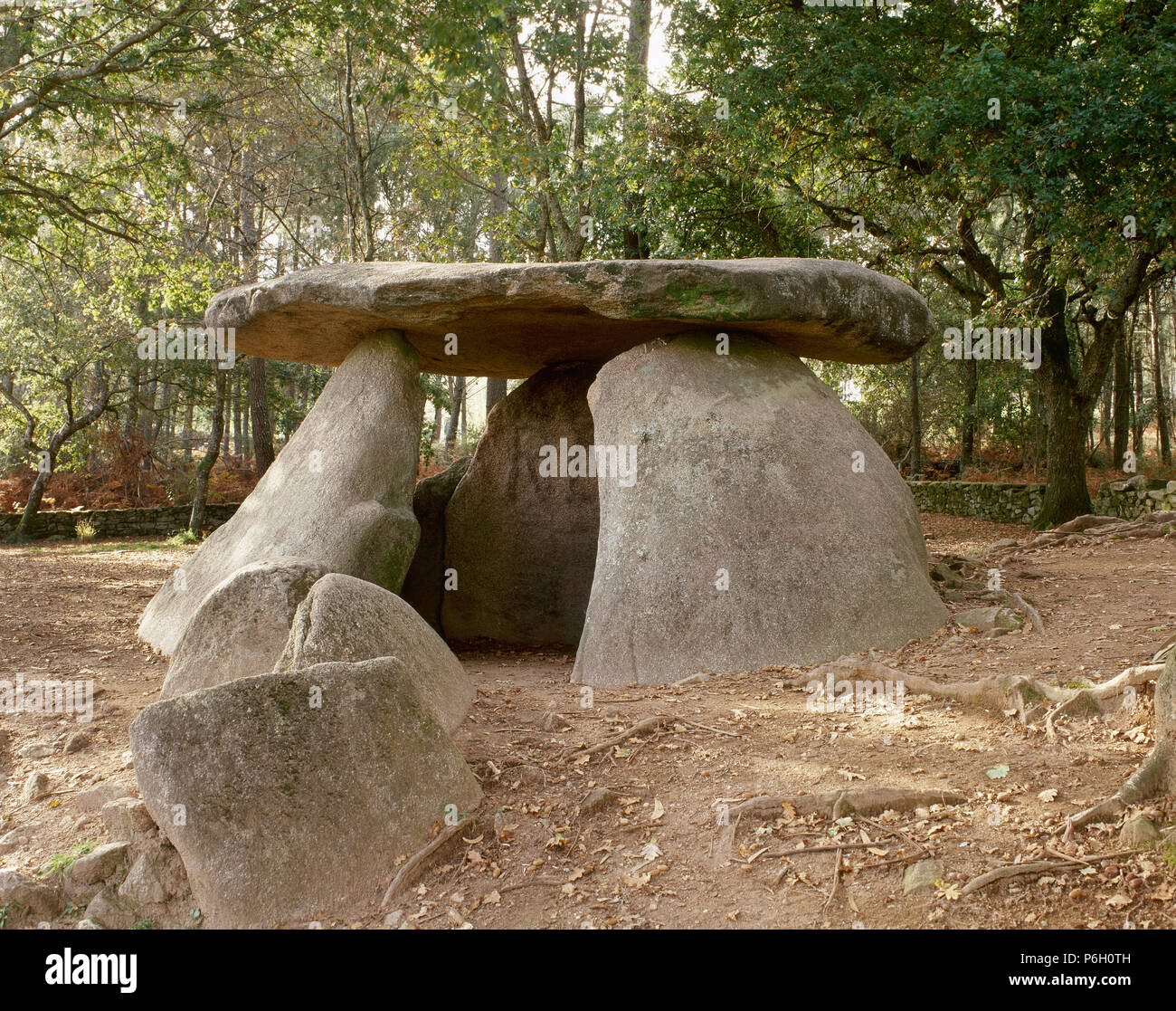 Spain. Galicia. Province of La Coruña. Barbanza Peninsula. Estuary of Ria of Arousa. Parish of Oleiros. Dolmen of Axeitos. Prehistoric megalithic dolmen, dated from 3600 to 4000 BC. Stock Photo