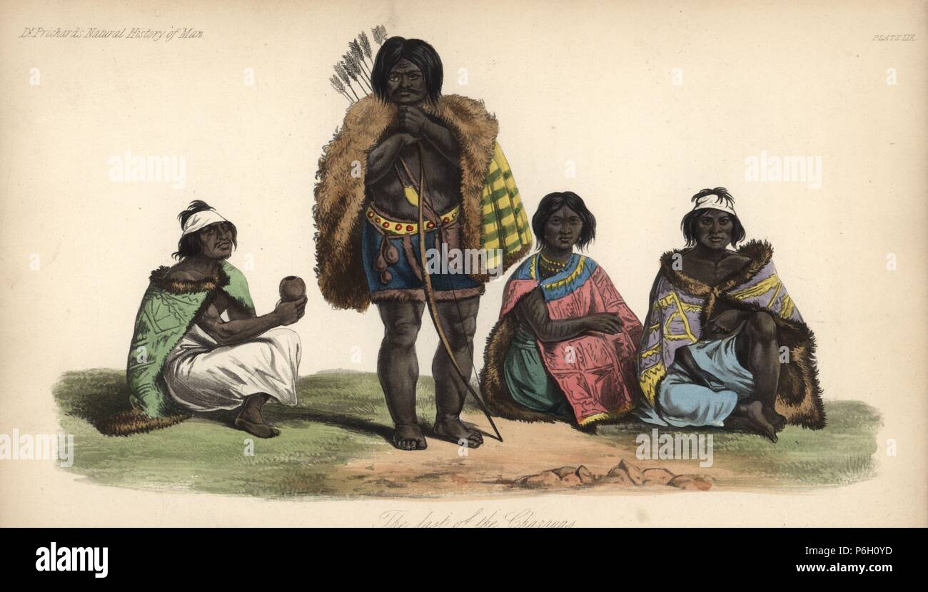 The last of the nomadic Charrua people, Uruguay, 1833. Medicine man Senacua Senaque (perhaps drinking yerba mate tea), warrior with bow and arrow Vaimaca-Piru Sira, and young couple Laureano Tacuave Martinez and Maria Micaela Guyunusa. The Charrua were exterminated by Spanish colonisers in 1831. Handcoloured lithograph by J. Bull from James Cowles Prichard's Natural History of Man, Balliere, London, 1855. Stock Photo