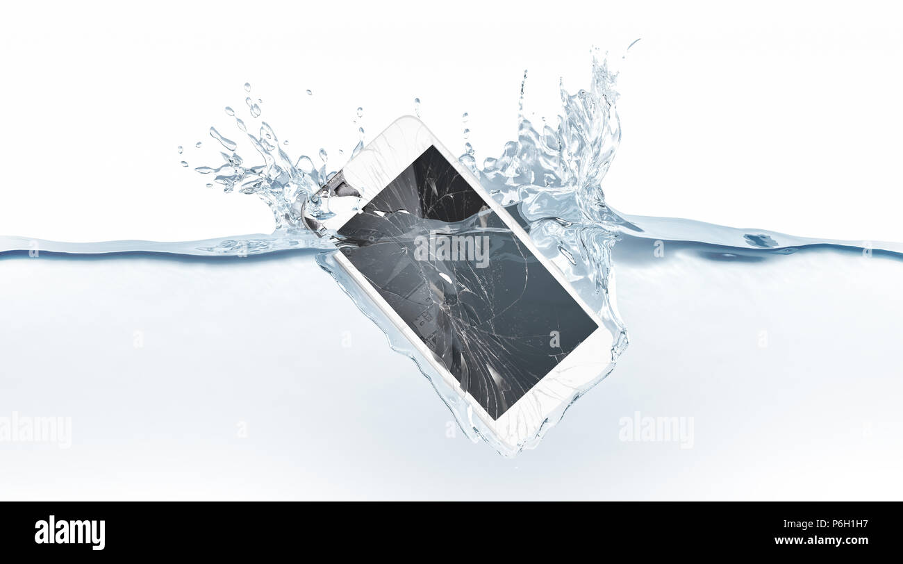 White broken smartphone mock up sinks in water, 3d rendering. Mobile smart phone with touch screen mockup fall under liquid surface. Electronic waterproof cellphone falling and dive with splashes. Stock Photo