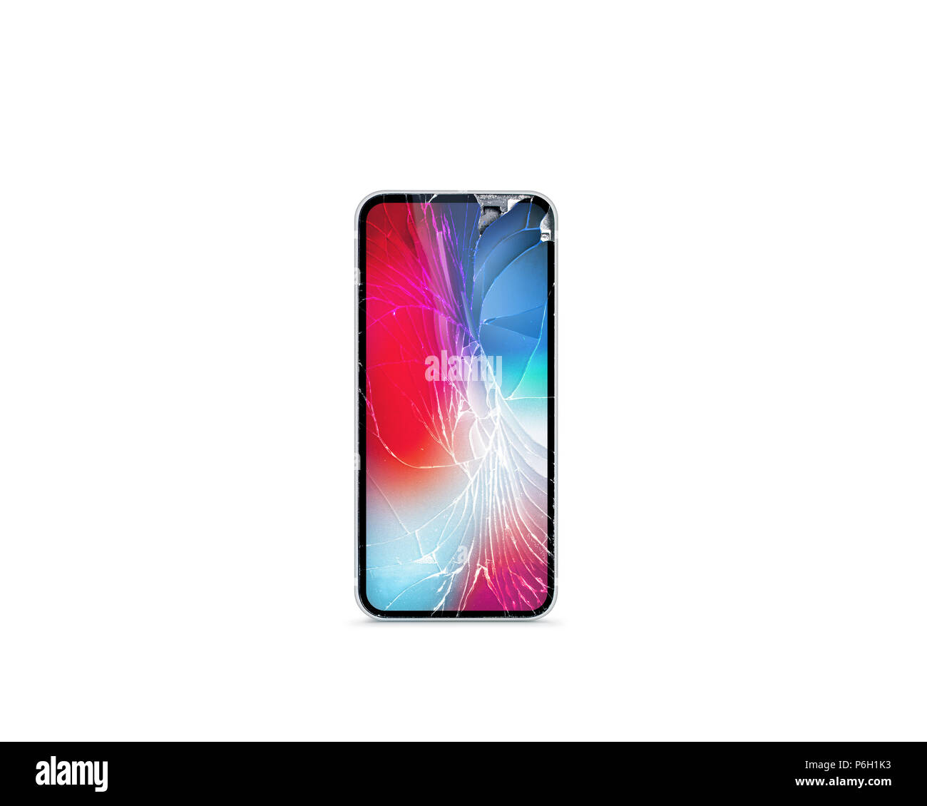 Broken mobile phone screen, front debris colored 3d rendering. Smartphone monitor damage mock up. Telephone display glass hit. Cellphone crash and scratch. Stock Photo