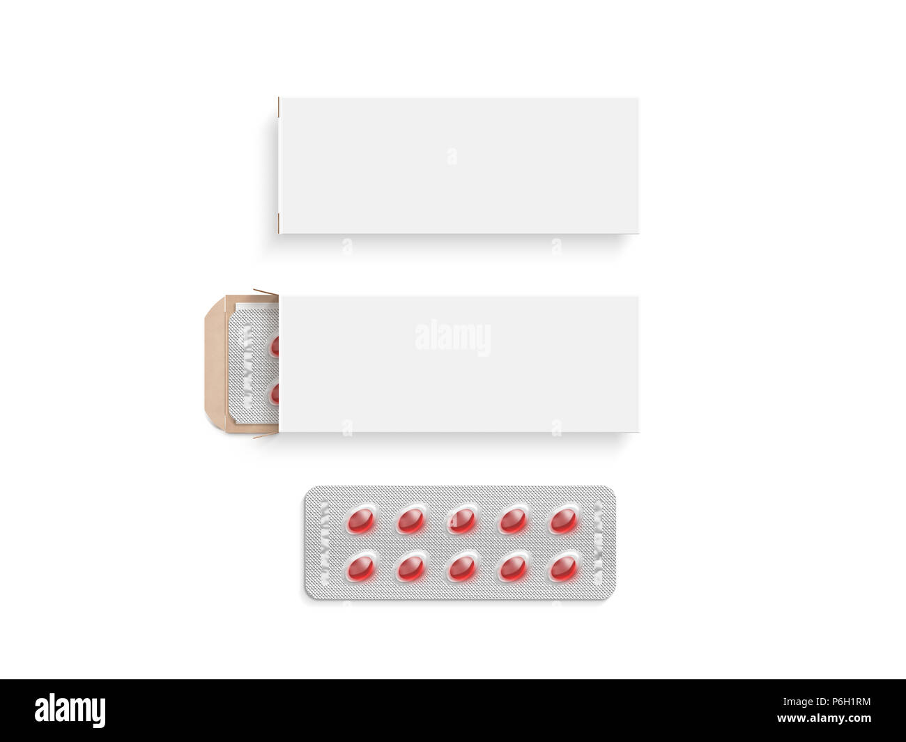 Blank white pill box design mockup set, isolated, 3d illustration. Clear blister pillbox template mock up. Open and close red tablets cardboard container. Blister pill boxing with drug colored capsule Stock Photo