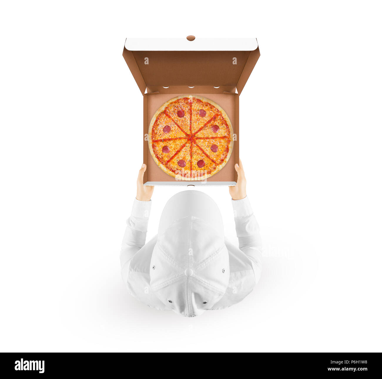 Delivery man holding pizza box mockup with tasty pizza in hand isolated on white, top view. Deliver guy in clear uniform hold opened box mock up. Food packaging template. Pizzeria identity branding Stock Photo