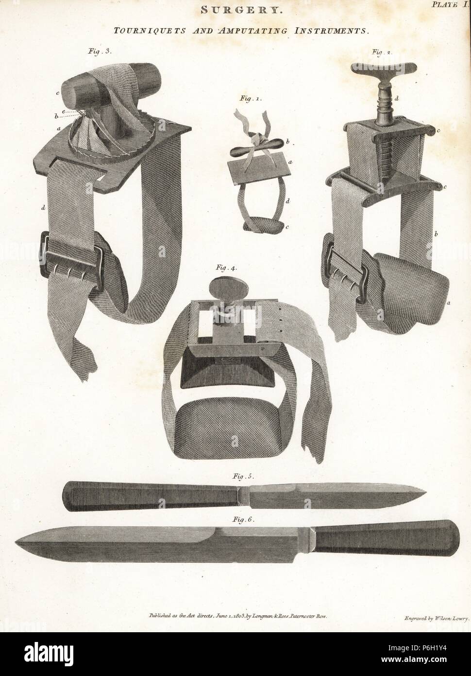 Surgical equipment including tourniquets and amputation instruments from the 19th century. Copperplate engraving by Wilson Lowry from Abraham Rees' "Cyclopedia or Universal Dictionary," London, 1816. Stock Photo