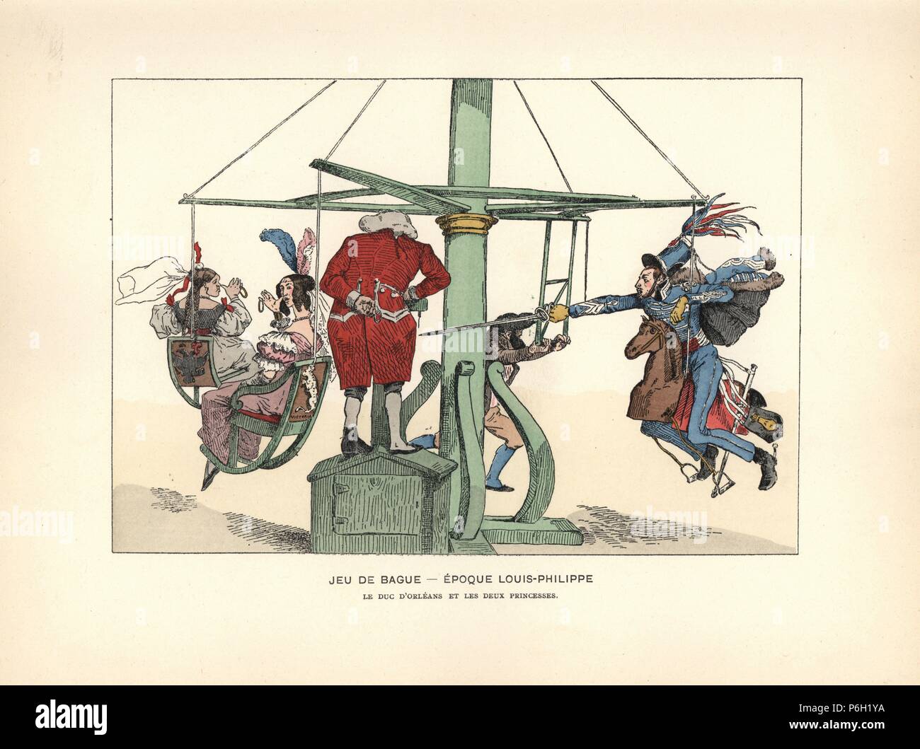 Caricature of a man impotently tilting at rings (jeu de bague) on a merry-go-round. Based on the attempt by King Louis Philippe to marry his son the Ferdinand Philippe, Duc d'Orleans, to either a German or English princess. Handcoloured lithograph from Henry Rene Allemagne's Sports and Games of Skill (Sports et Jeux d'Adresse), Librairie Hachette, Paris, 1903. Stock Photo