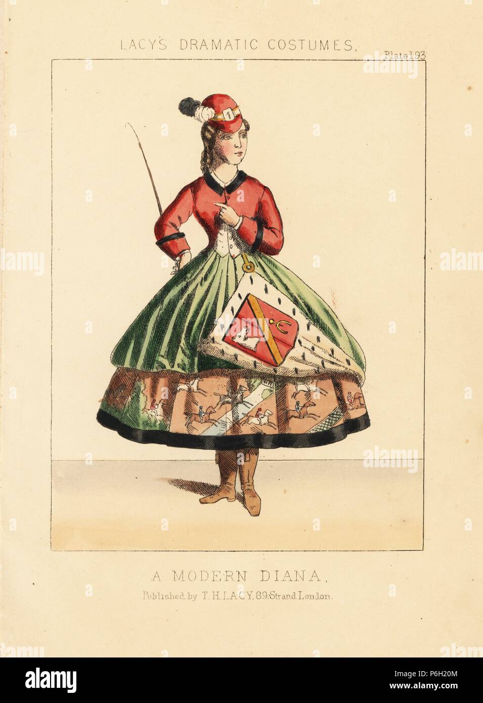 A Modern Diana, Victorian fancy dress or theatrical costume. She wears a red hunting coat, green skirt, shield with horse and stirrup on an ermine, and petticoat with fox hunting scene. Handcoloured lithograph from Thomas Hailes Lacy's 'Female Costumes Historical, National and Dramatic in 200 Plates,' London, 1865. Lacy (1809-1873) was a British actor, playwright, theatrical manager and publisher. Stock Photo