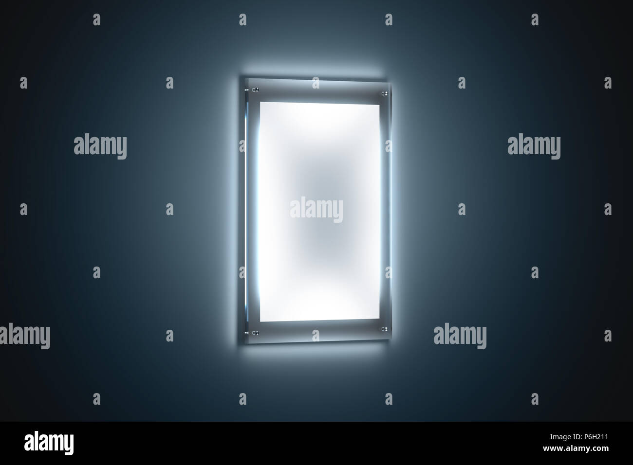 Download Blank White A3 Poster Mockup In Illuminated Glass Holder 3d Rendering Clear Transparent Acrylic Signage Mock Up Glowing Panel On Black Background Placard With Illumination Under The Glassy Plate Stock Photo