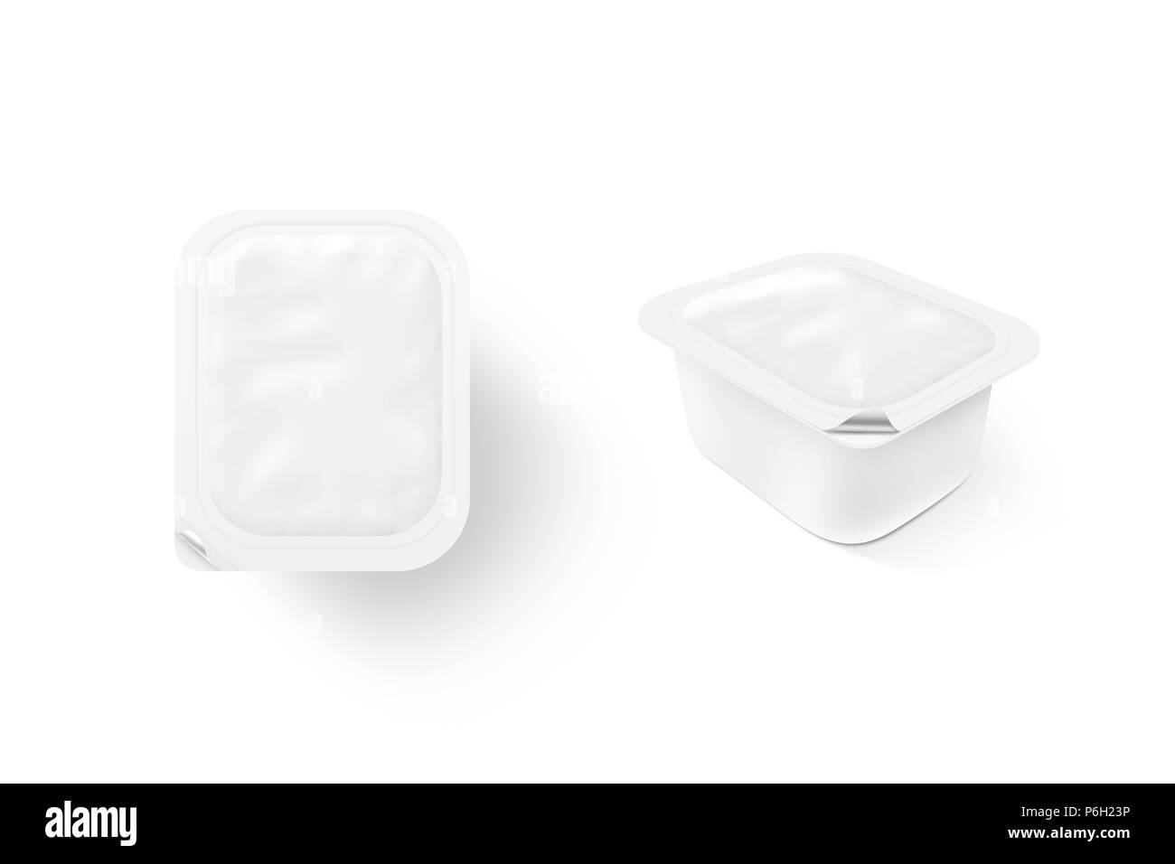 Blank white sauce box mock up stand isolated. Sause clear jar mockup, 2 sides. Sour cream empty box design presentation. Butter packaging. Jam bank template. Pudding box pack. Butter plastic package. Stock Photo