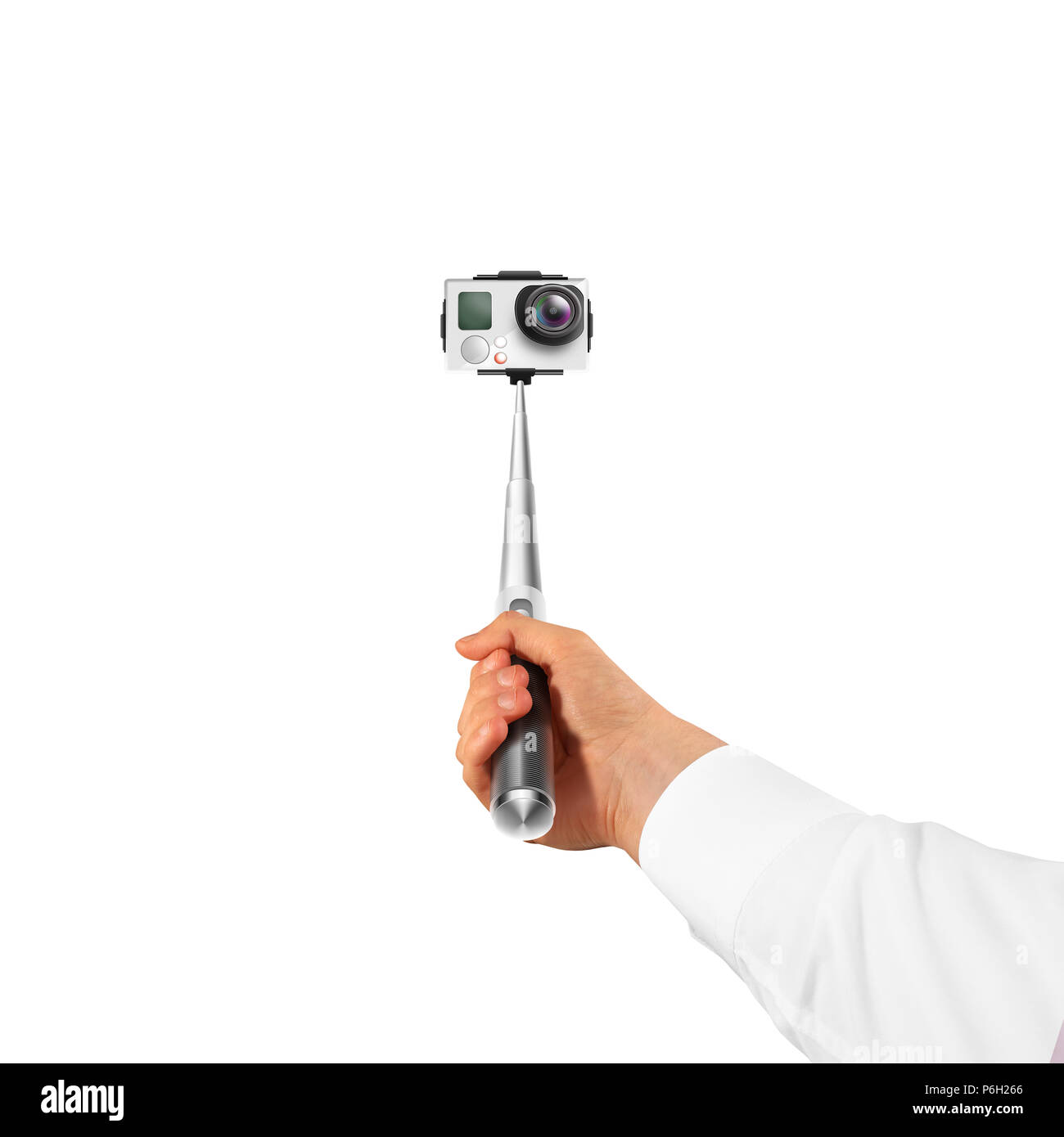 Hand holding action camera isolated, take selfie. Monopod hold in arm.  Active cam, making self portrait. Selfi stick holder Stock Photo - Alamy