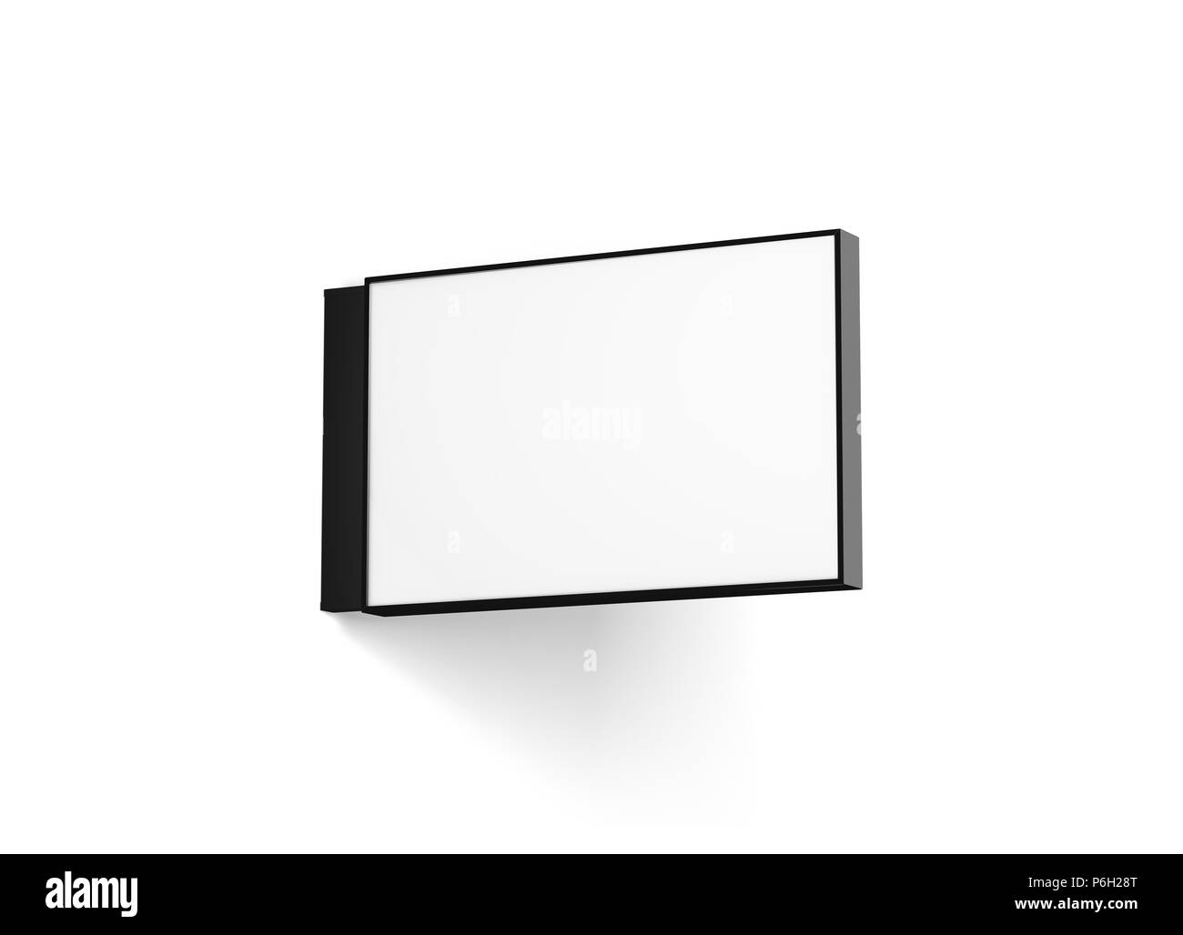 Blank horizontal store signage design mockup isolated, 3d rendering. Empty rectangular light box mock up. Clear shop lightbox template. Street sign hanging, mounted on the wall. Signplate. Stock Photo