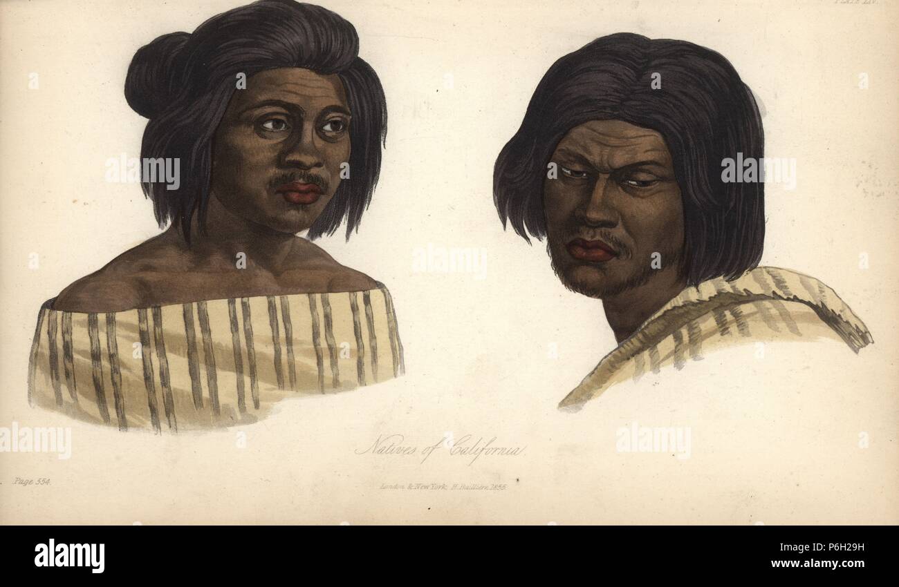 Native Americans of California, 19th century. Taken from Louis Choris' 'Voyage Pittoresque Autour de la Monde,' 1822. Handcoloured lithograph from James Cowles Prichard's Natural History of Man, Balliere, London, 1855. Stock Photo