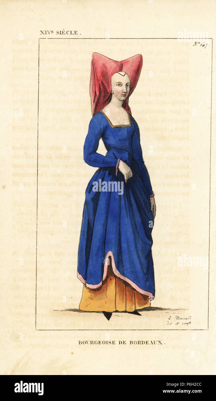 Bourgeois woman of Bordeaux, 14th century. She wears the distinctive  two-point tall bonnet of the area, and a simple fitted dress over a yellow  robe. From the Gaignieres collection. Handcoloured copperplate drawn