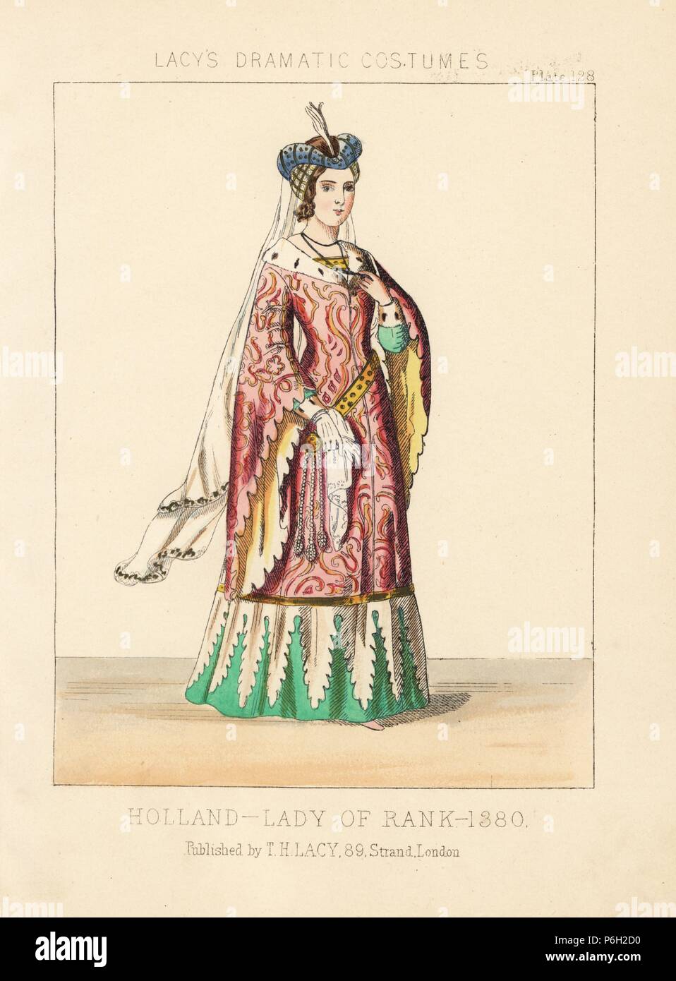 Lady of rank, Holland, 1380. Handcoloured lithograph from Thomas Hailes Lacy's 'Female Costumes Historical, National and Dramatic in 200 Plates,' London, 1865. Lacy (1809-1873) was a British actor, playwright, theatrical manager and publisher. Stock Photo